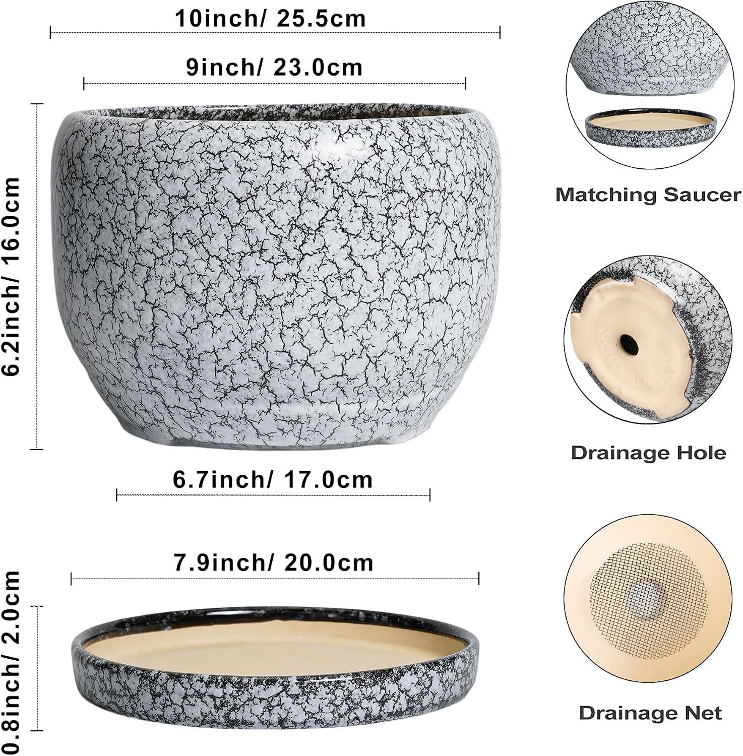 SQOWL Ceramic Planters - 10 Inch Ceramic Flower Pot with Drainage Hole and Saucer, Decorative Plant Pot Indoor, Round