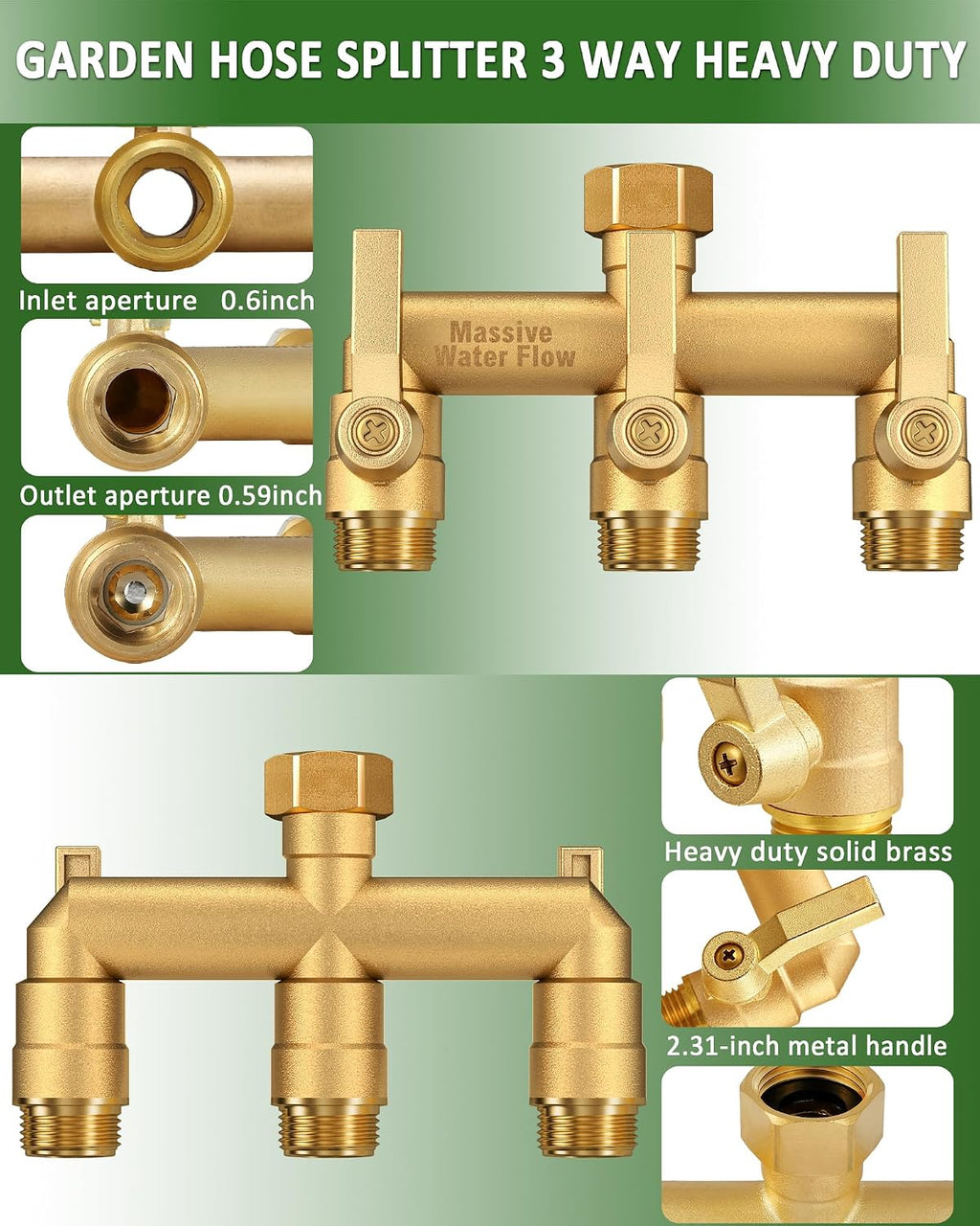 3 Way Hose Splitter Heavy Duty, Solid Brass Full Flow Outdoor Faucet and Garden Hose Splitters, Water Spigot Splitter T