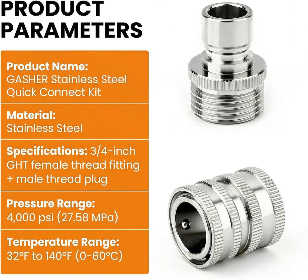 GASHER 5PCS Stainless Steel Quick Connect Kit, 3/4 Inch GHT Female Coupling for Garden Hose, Irrigation