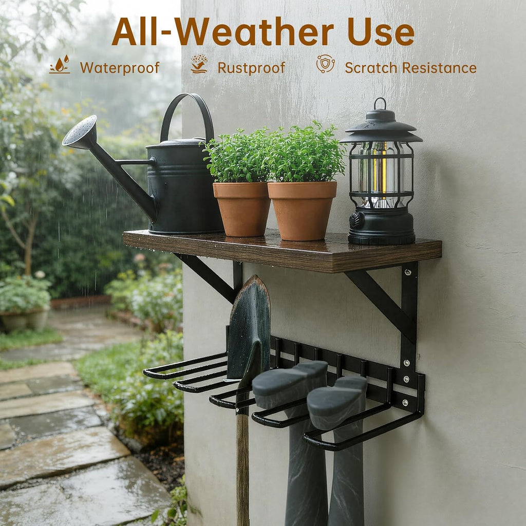 Wall Mount Boot Rack, Garden Tool Organizer With Curved Hooks & Wood Shelf, | Heavy Duty Wader Boot Hangers Organizer