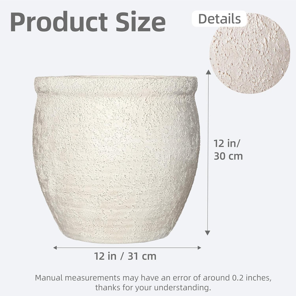 12" Dia Fiberstone Planter – Modern Farmhouse Indoor/Outdoor Flower Pot, Beige Container with Grainy Matte Texture &