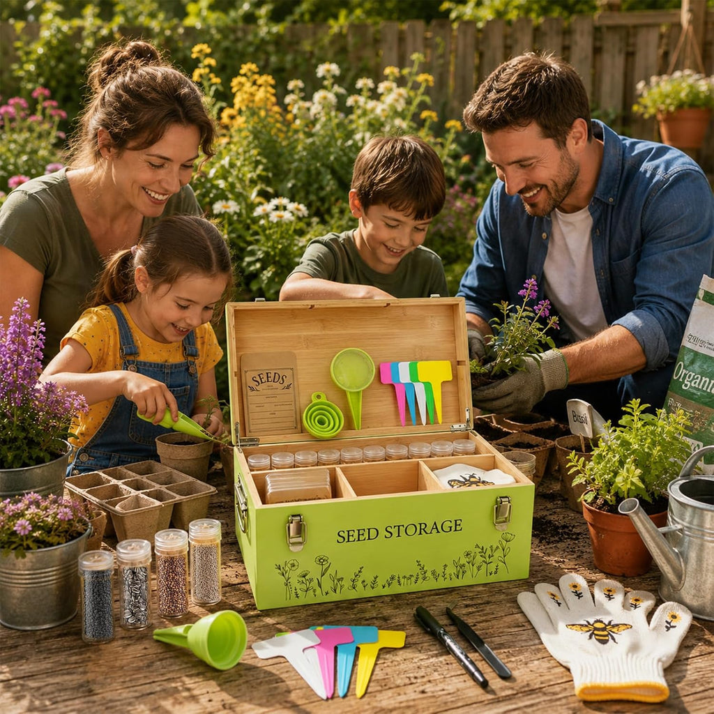 Fayoo Wooden Seed Storage Organizer Box with 40 Seed Vials & 20 Envelopes, Rustic Seed Saving Kit for Vegetable, Flower
