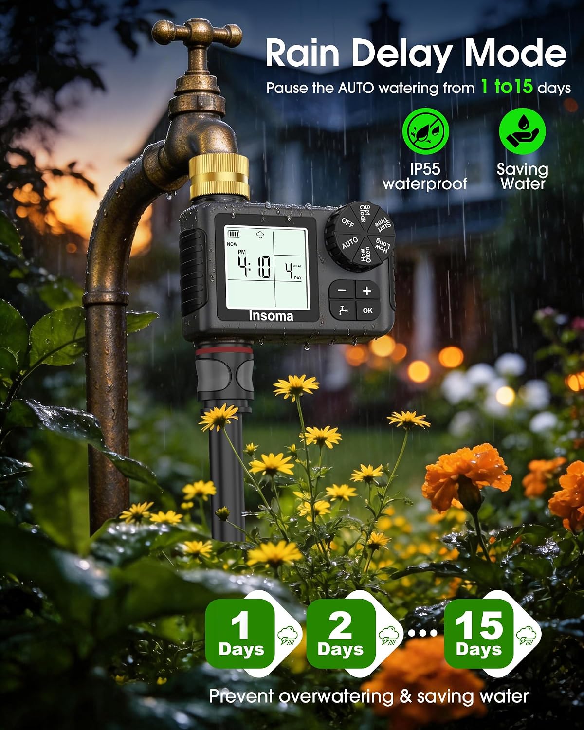 Water Timer for Garden Hose with Brass Inlet, 1 Outlet Sprinkler Timer with Auto/Manual/Rain Delay Mode, Large LCD
