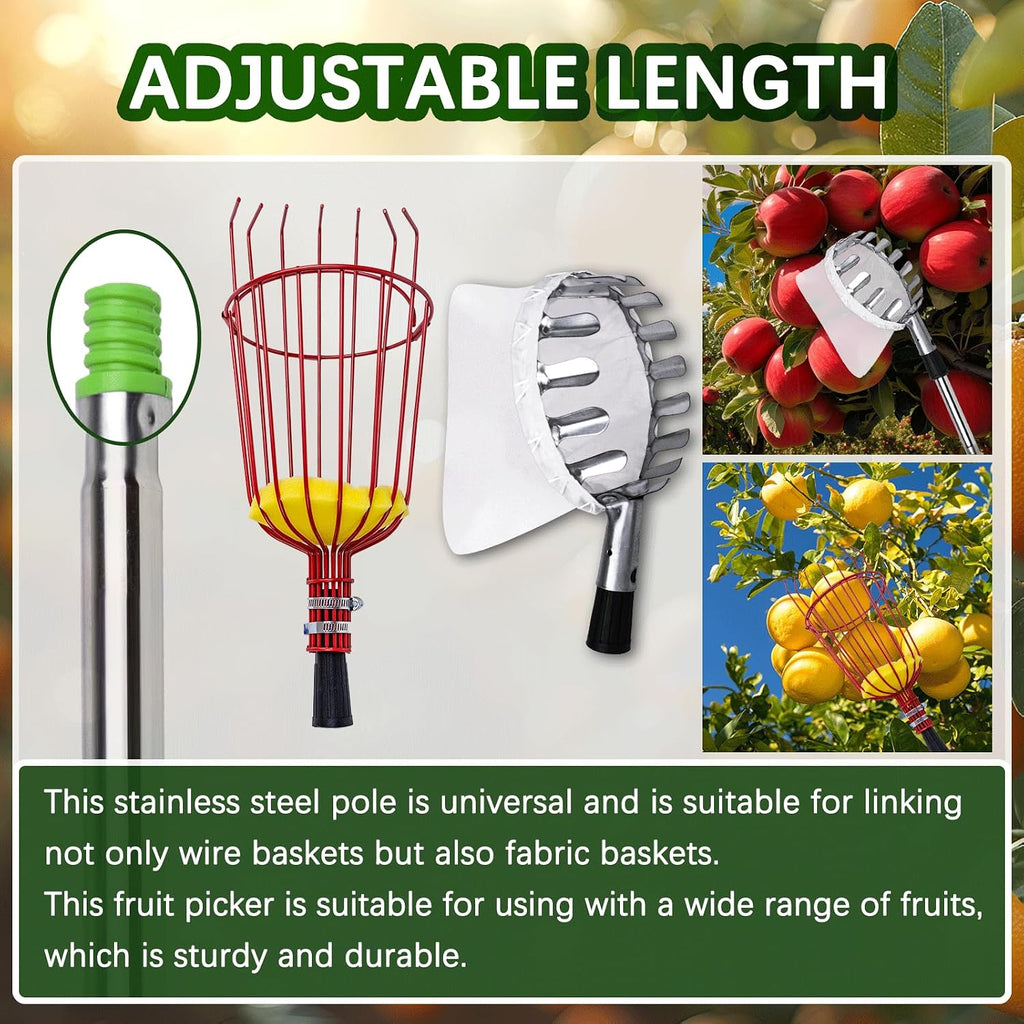20 Ft Fruit Picker with Wire Basket and Bag Basket,Adjustable Stainless Steel Fruit Picker Pole with Universal Thread