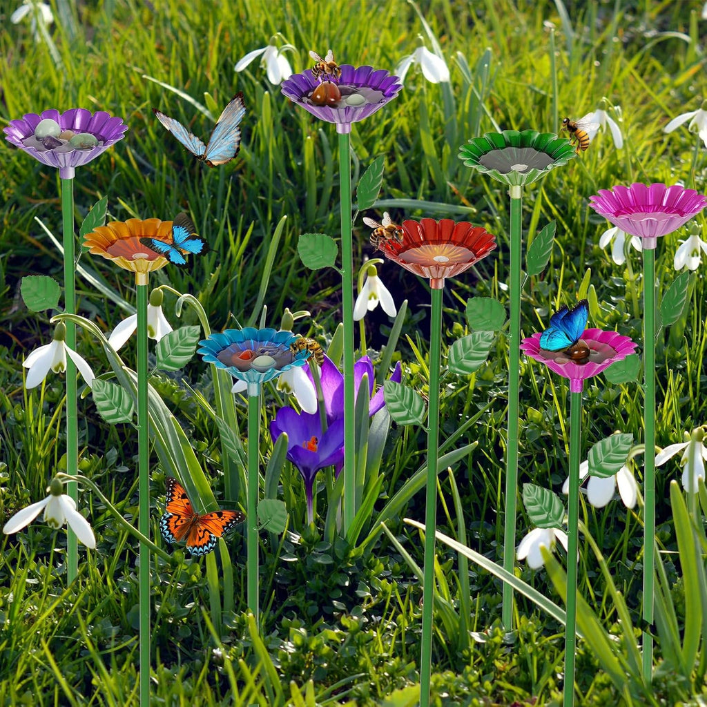 8 Pack Bee Watering Station, Bee Bath for Garden Outdoor Yard Decor | Metal Bee Water Feeder with Flower Design