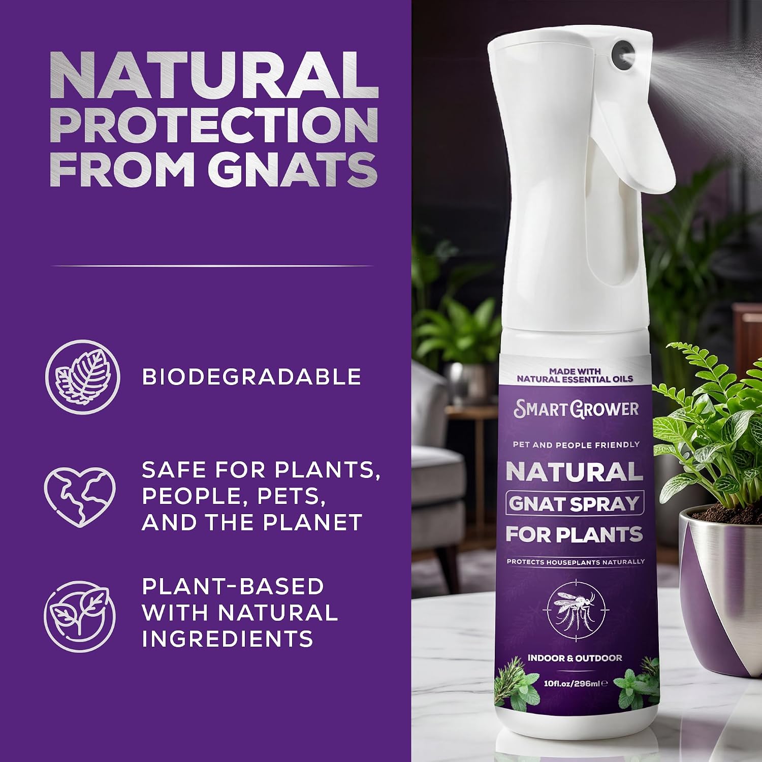 Natural Gnat Spray for Plants, Continuous Fine Mist, 10oz | Fungus Gnat Killer, Refillable, with Essential Oil Formula