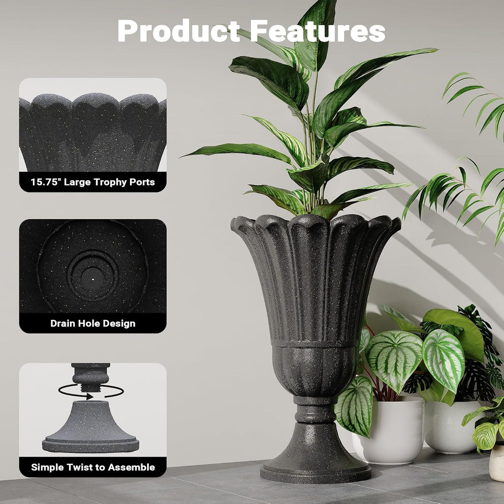 24" Tall Urn Planters Set of 2, Black Outdoor Planter for Porch | HDPE Resin Weather-Resistant Large Planters with