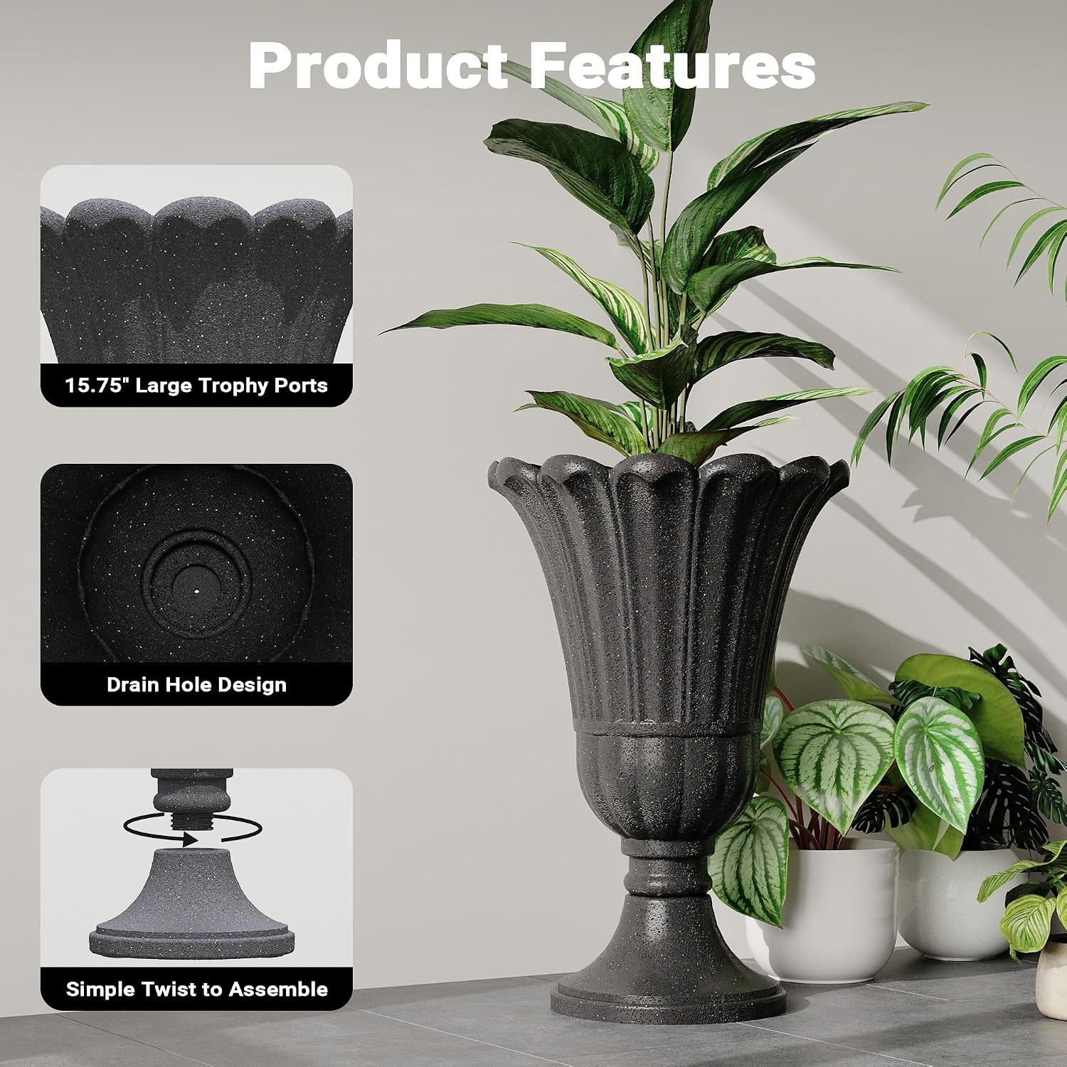 24" Tall Urn Planters Set of 2, Black Outdoor Planter for Porch | HDPE Resin Weather-Resistant Large Planters with