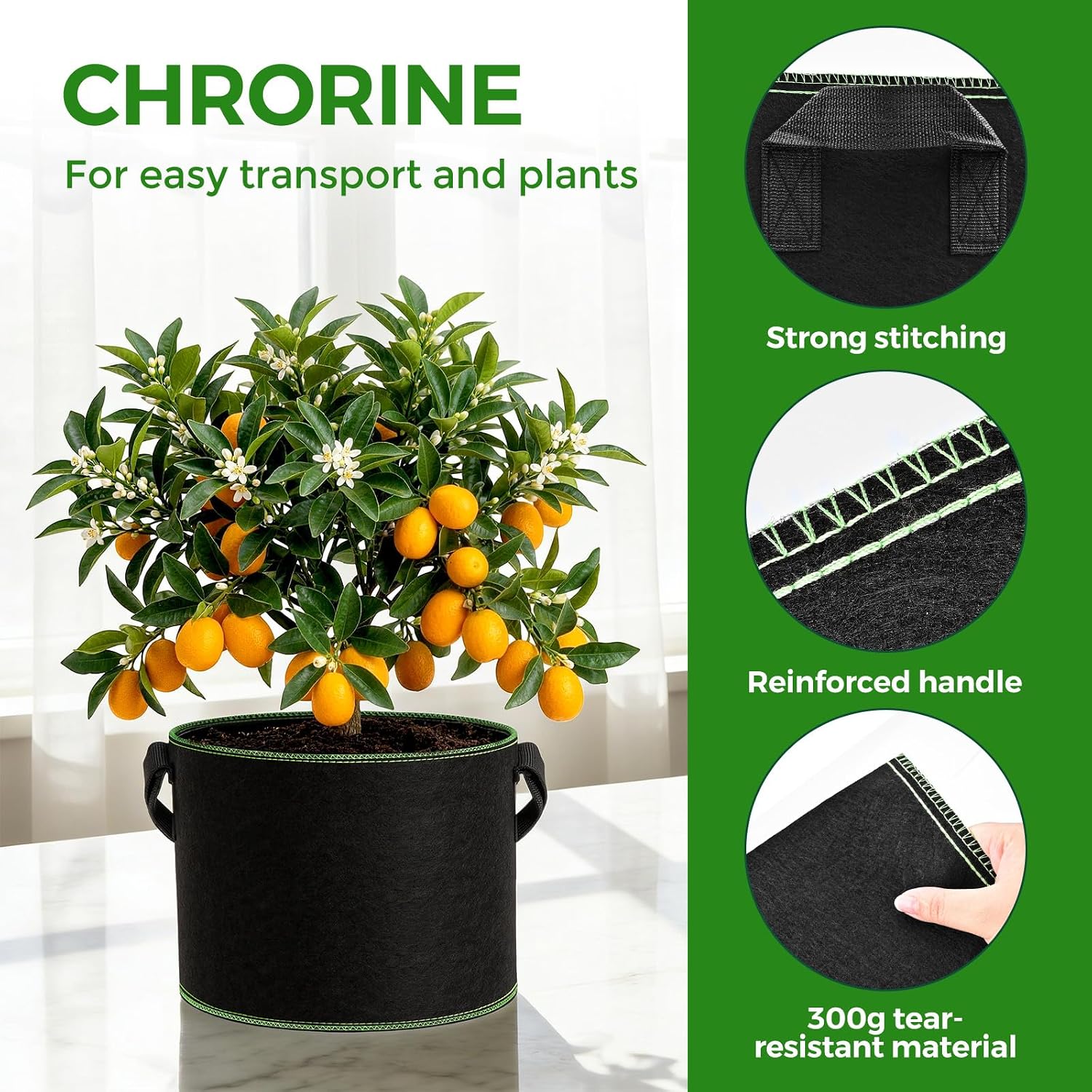CHRORINE 6-Pack 15 Gallon Grow Bags 300G Thickened Aeration Fabric Pots with Handles Suitable for Planting Plants