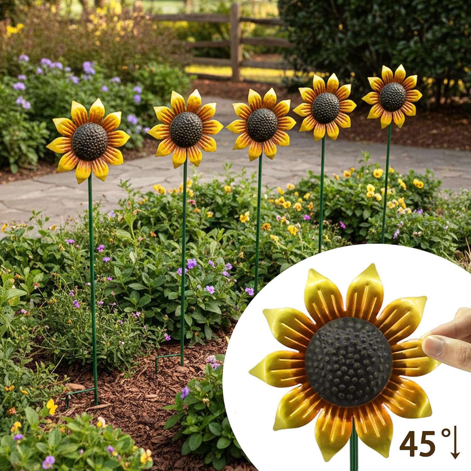 Sunflowers Metal Yard Art Wind Spinners Outdoor Decoration Stakes | 5pcs Lawn Ornaments, Lawn Decorations Garden