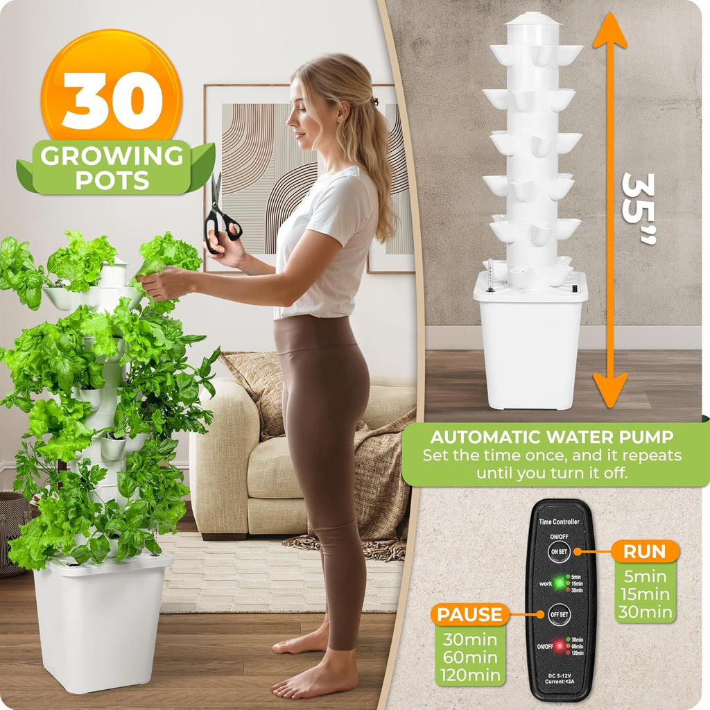 Carpathen Hydroponic Tower Growing System - Indoor Vertical Gardening System with Grow Lights for 30 Plants - Complete