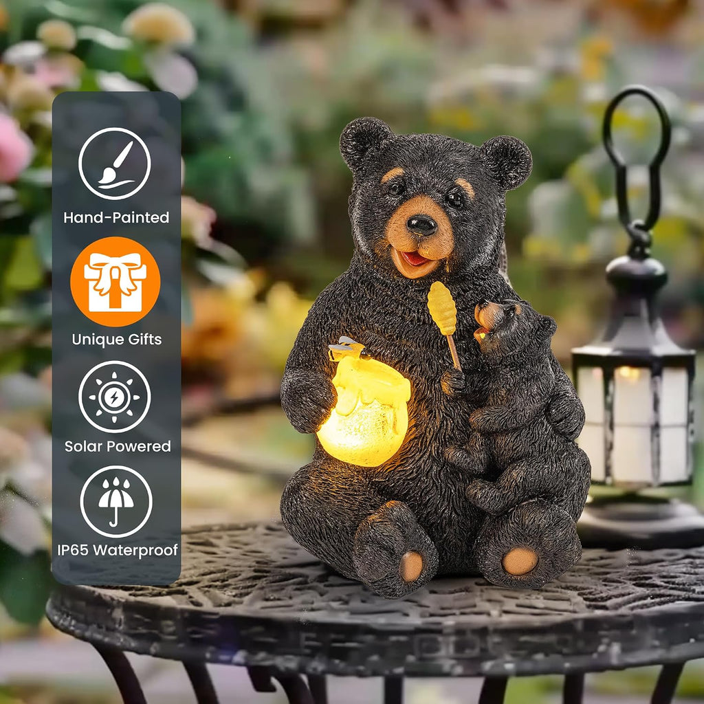 GIGALUMI Solar Garden Statues Bears 9" Black, Yard Decorations Outdoor | Loving Black Bear Decor, Bear Figurine Lights