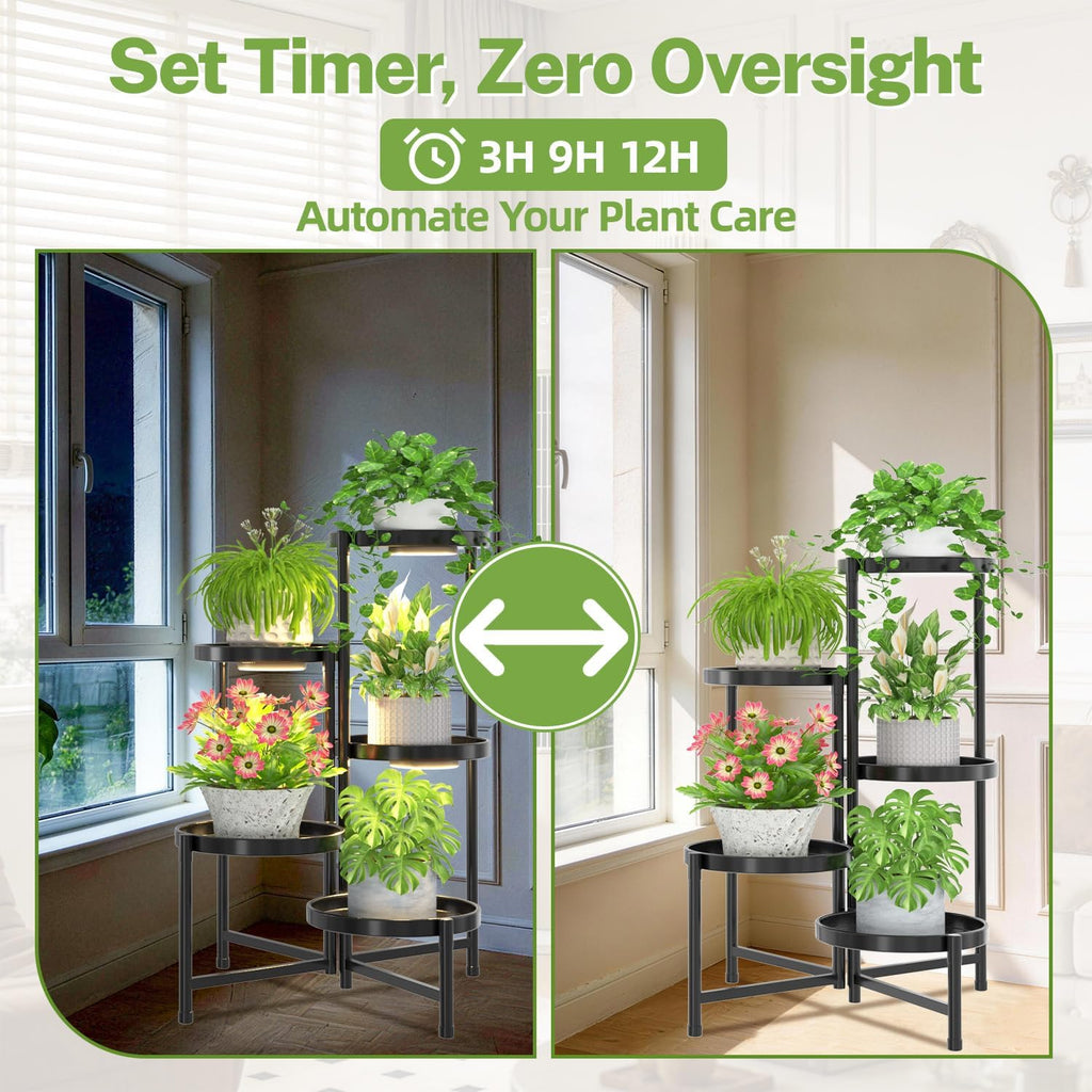 iDavosic.ly 5 Tier Large Plant Stand with Grow Light, 10 Inch Tray, Black | Tiered Metal Corner Heavy Duty Multiple
