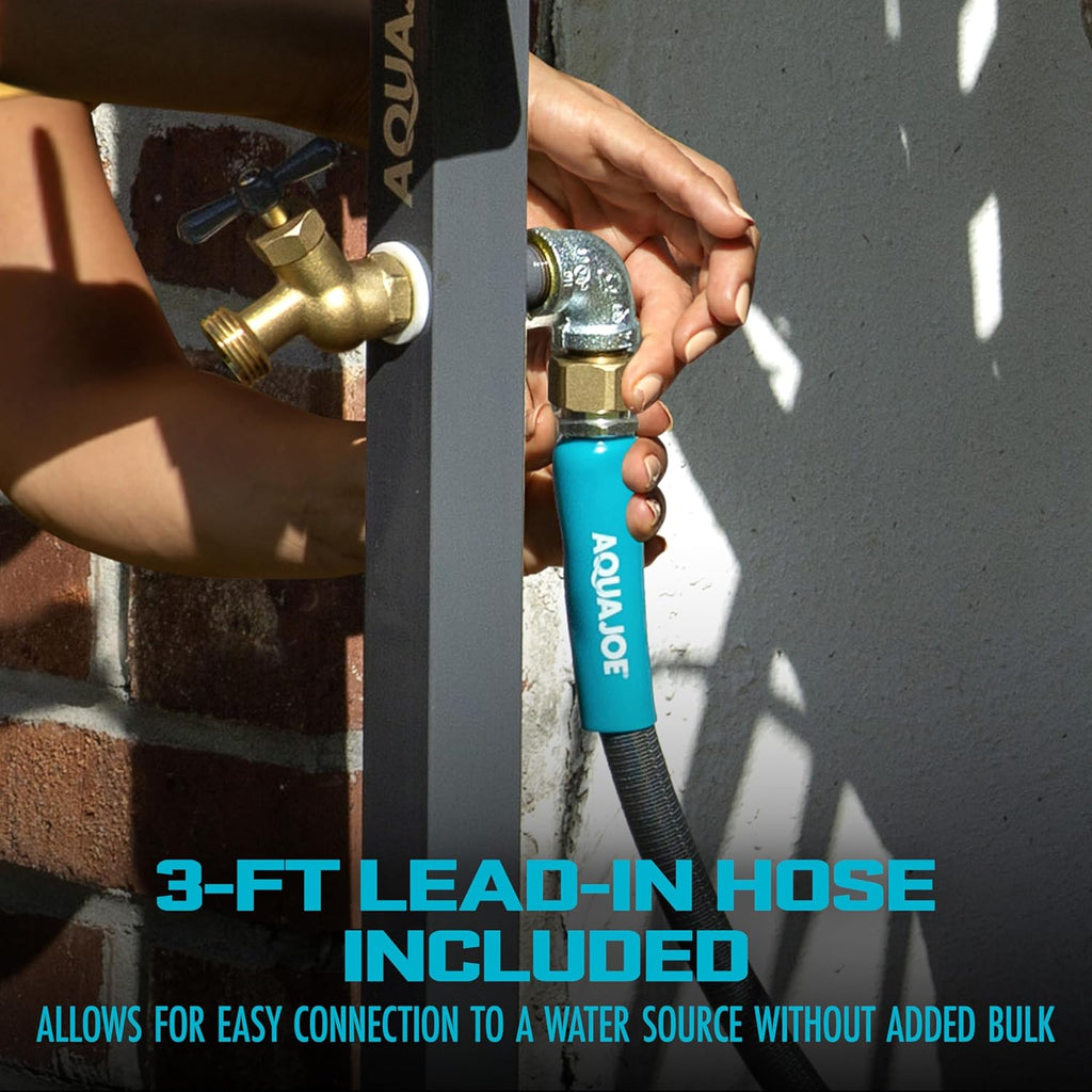 Aqua Joe SJ-SHSBB3LIH Garden Hose Stand with Brass Faucet and 3 ft Lead in Hose, Gray