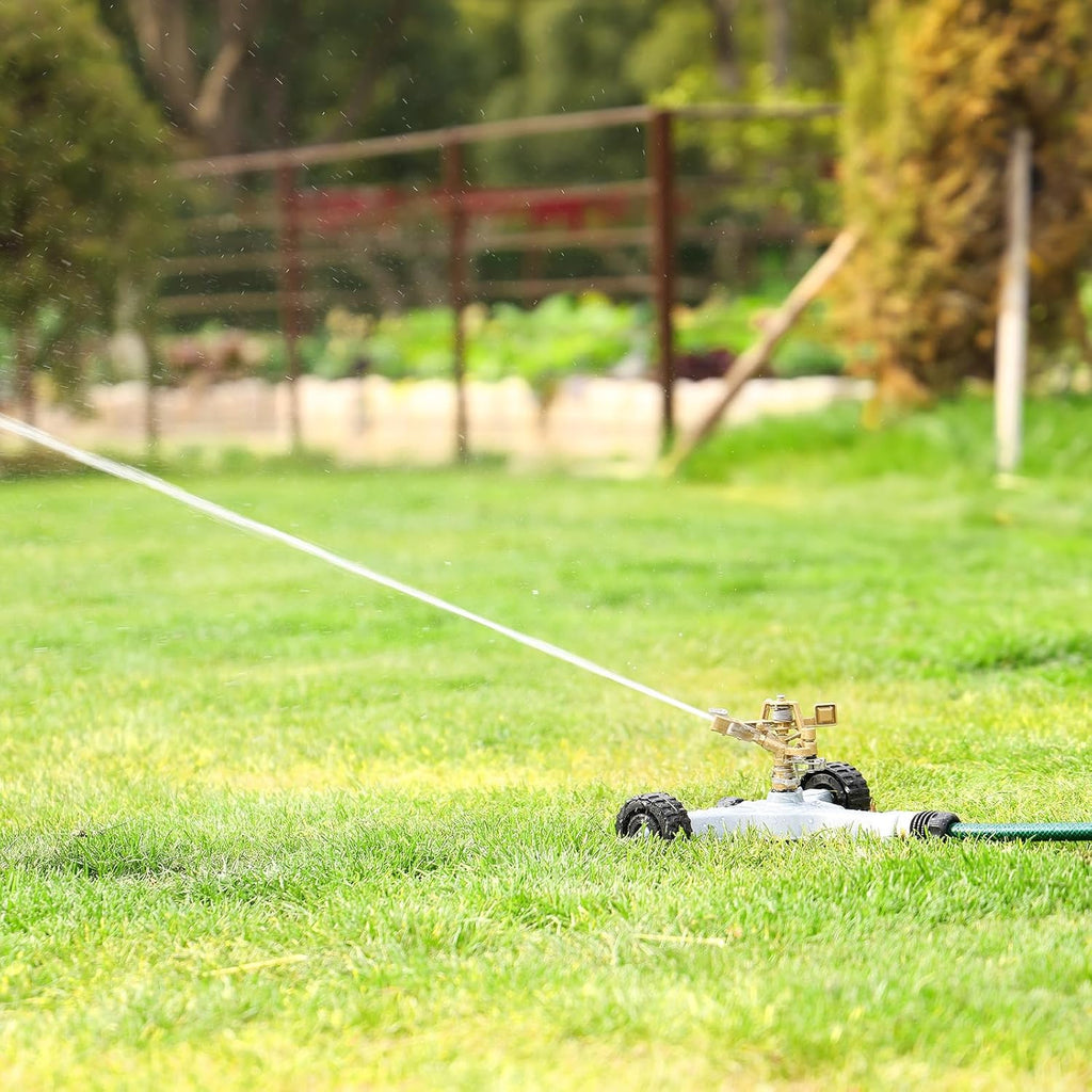 RESTMO Heavy Duty Full Metal Impact Sprinkler with Wheeled Base | 360° Rotating Sprinklers for Yard,Large Area Lawn &