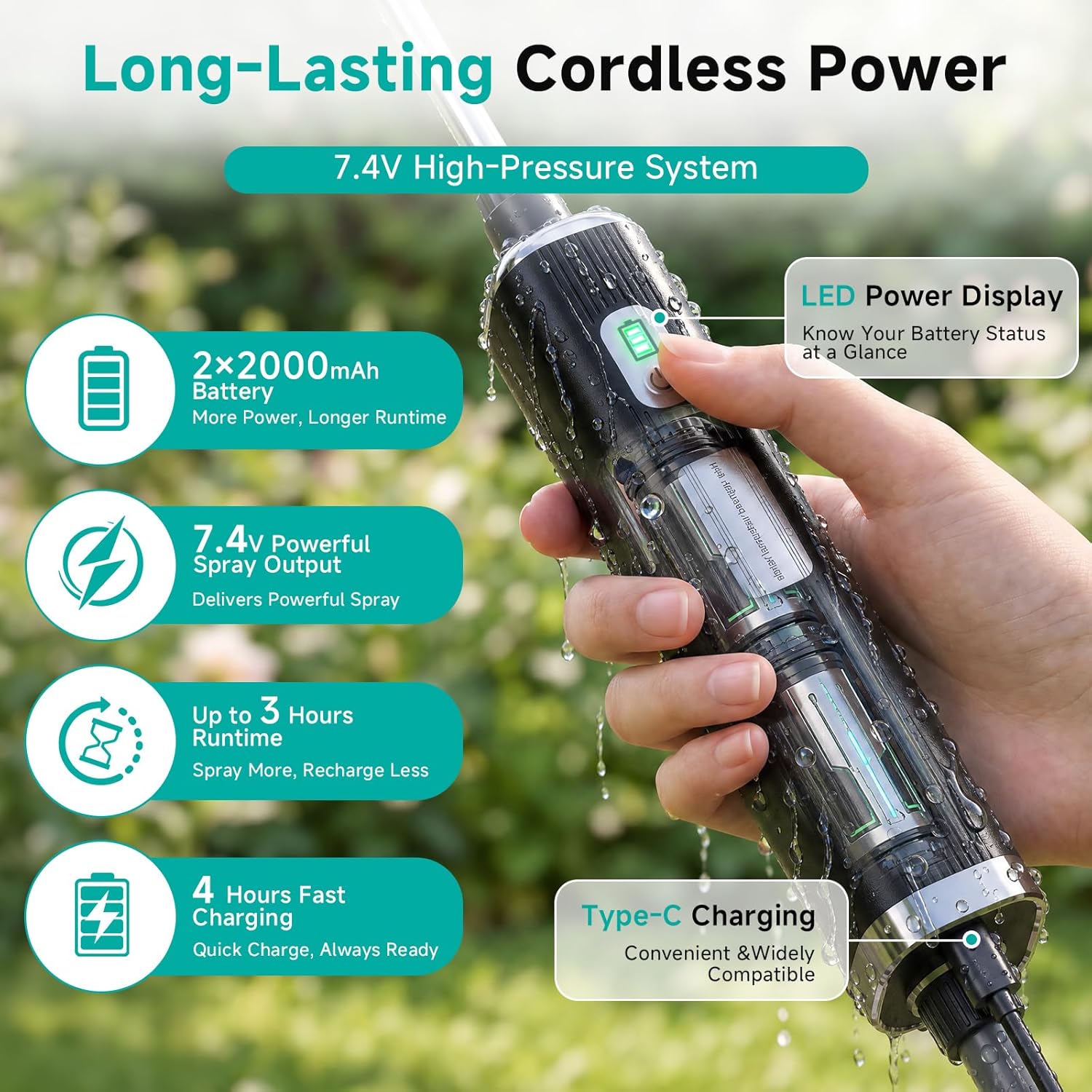 Battery Powered Garden Sprayer 2 Gallon, 7.4V High Pressure Rechargeable Weed Sprayer with 3 Pressure Mode, 5 Spray