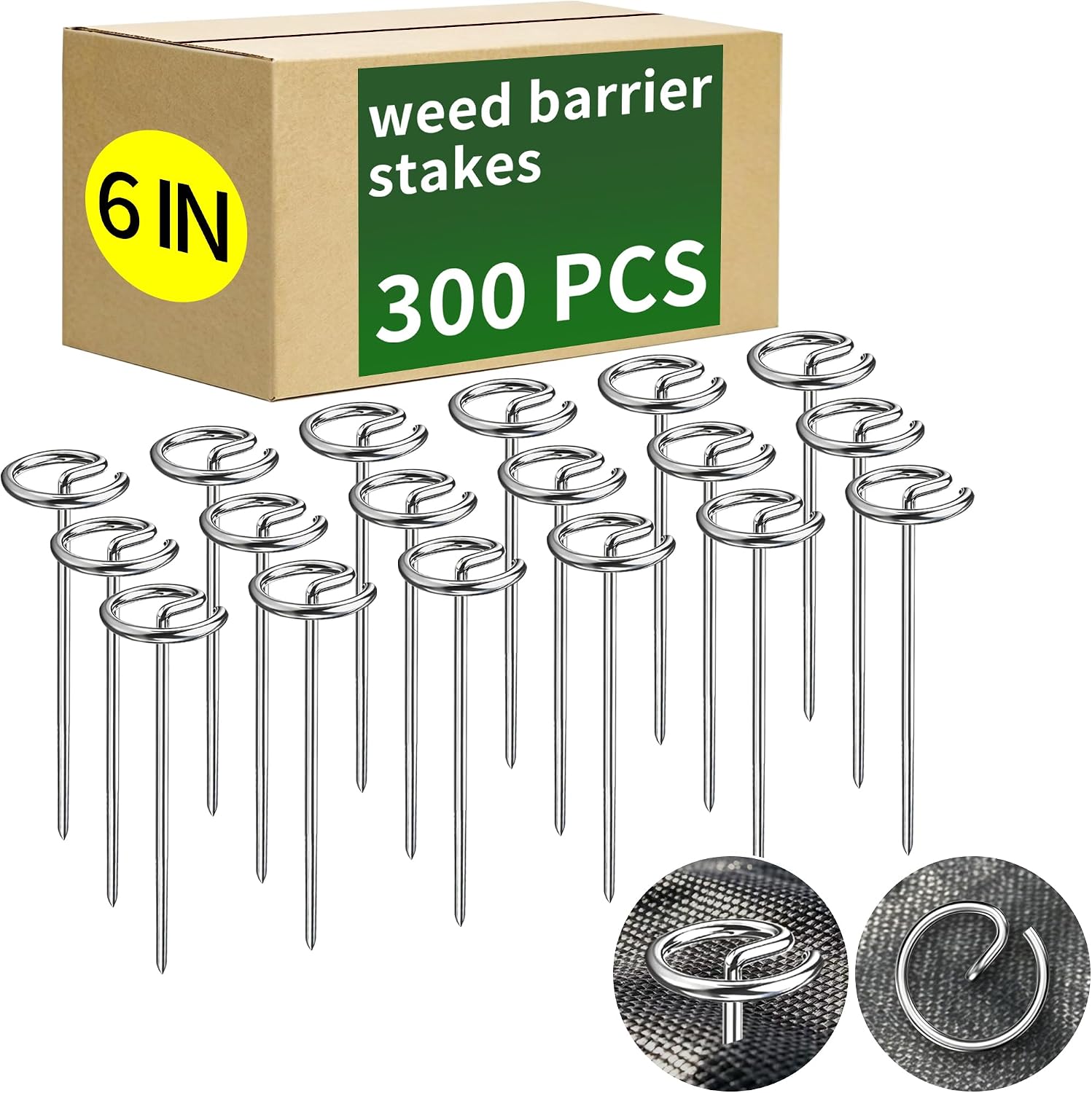 300 Pack Landscape Staples 6 Inch Landscape Fabric Stakes Garden Stakes | Thickened 8 Gauge Galvanized, Circle Top