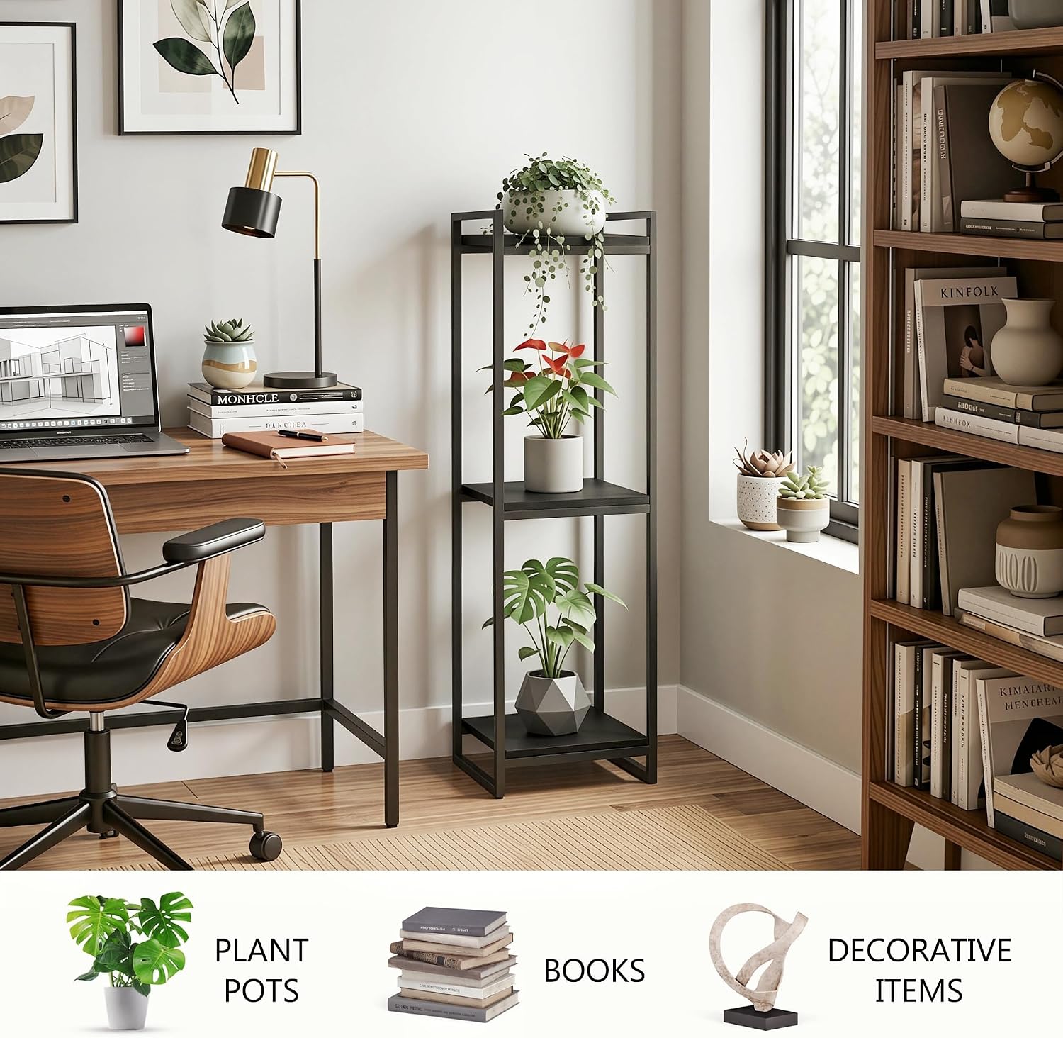 45" Tall Indoor Plant Stand, 3-Tier Flower Pot Rack, Black | Modern Minimalist Look, Wood Finish, for Living Room