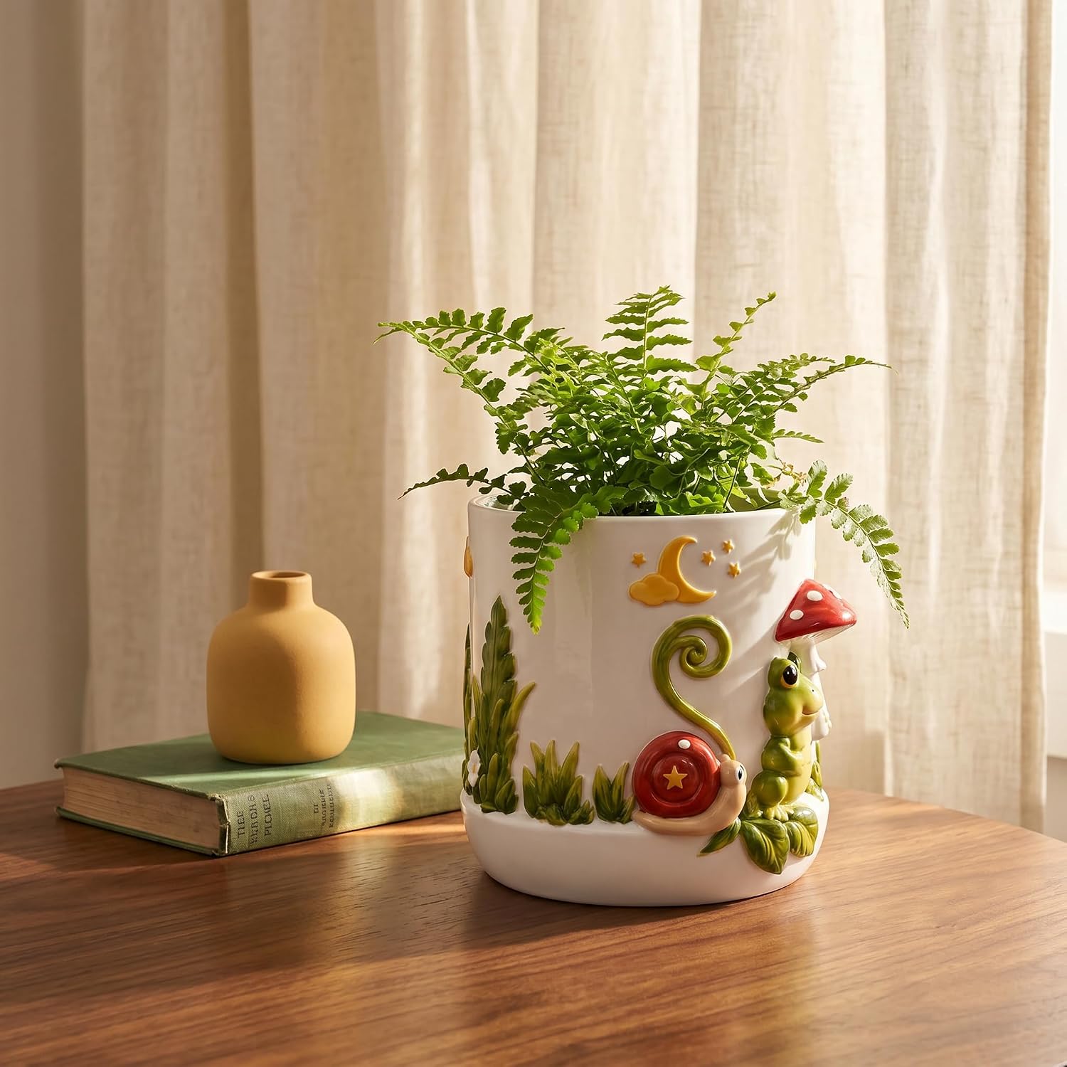 Frog Mushroom Planter Pot with Drainage, Frog Flower Vase, Mushrooms Decor Plant Pot for Garden, Entryway, Living Room