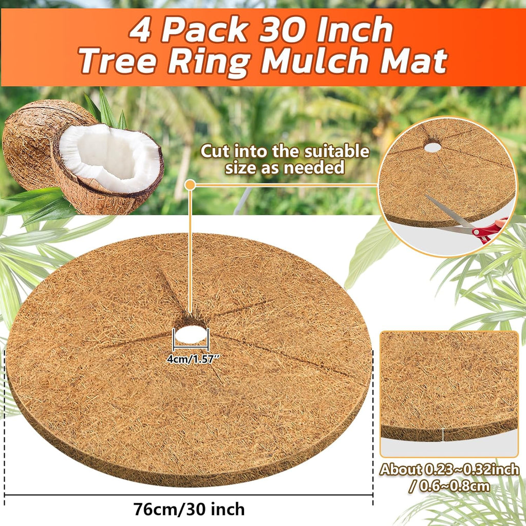 4 Pack Coconut Fiber Mulch Ring Tree Plant Protector Mat, 30 Inch | Natural Coco Coir Tree Mulch Ring Plant Pot Soil