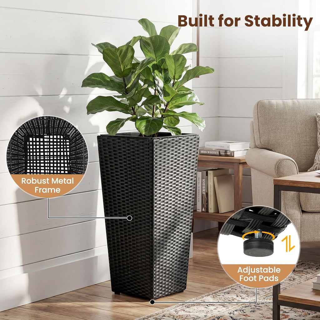 HAPPYGRILL 24" Tall Rattan Plant Pots Set of 2 with Adjustable Foot Pads | Outdoor Taper Planter w/Detachable Inner