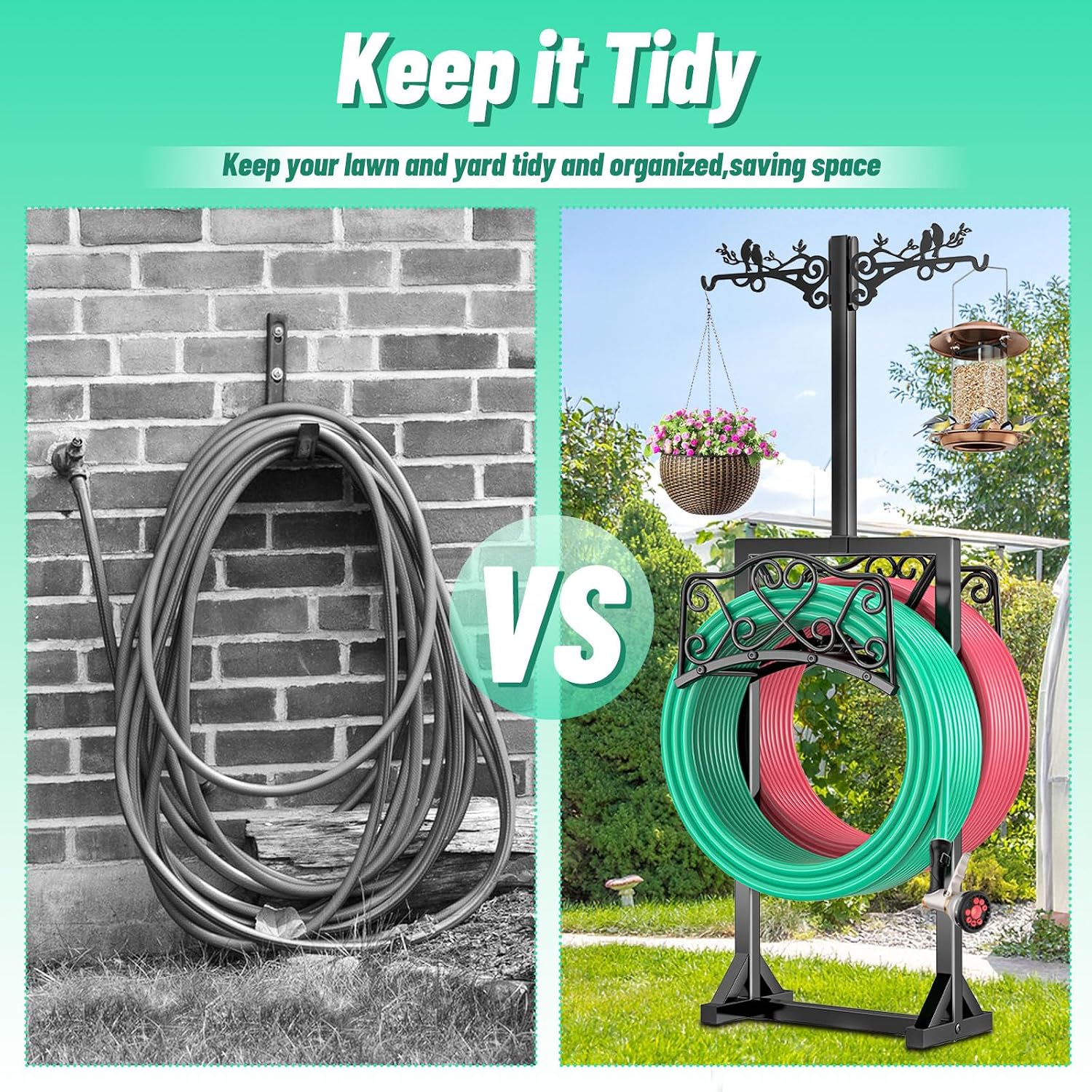 Garden Hose Holder for Outside,Water Hose Holders with 2 Bird Statue Shepherds Hooks & 5 Spikes,Double-Sided