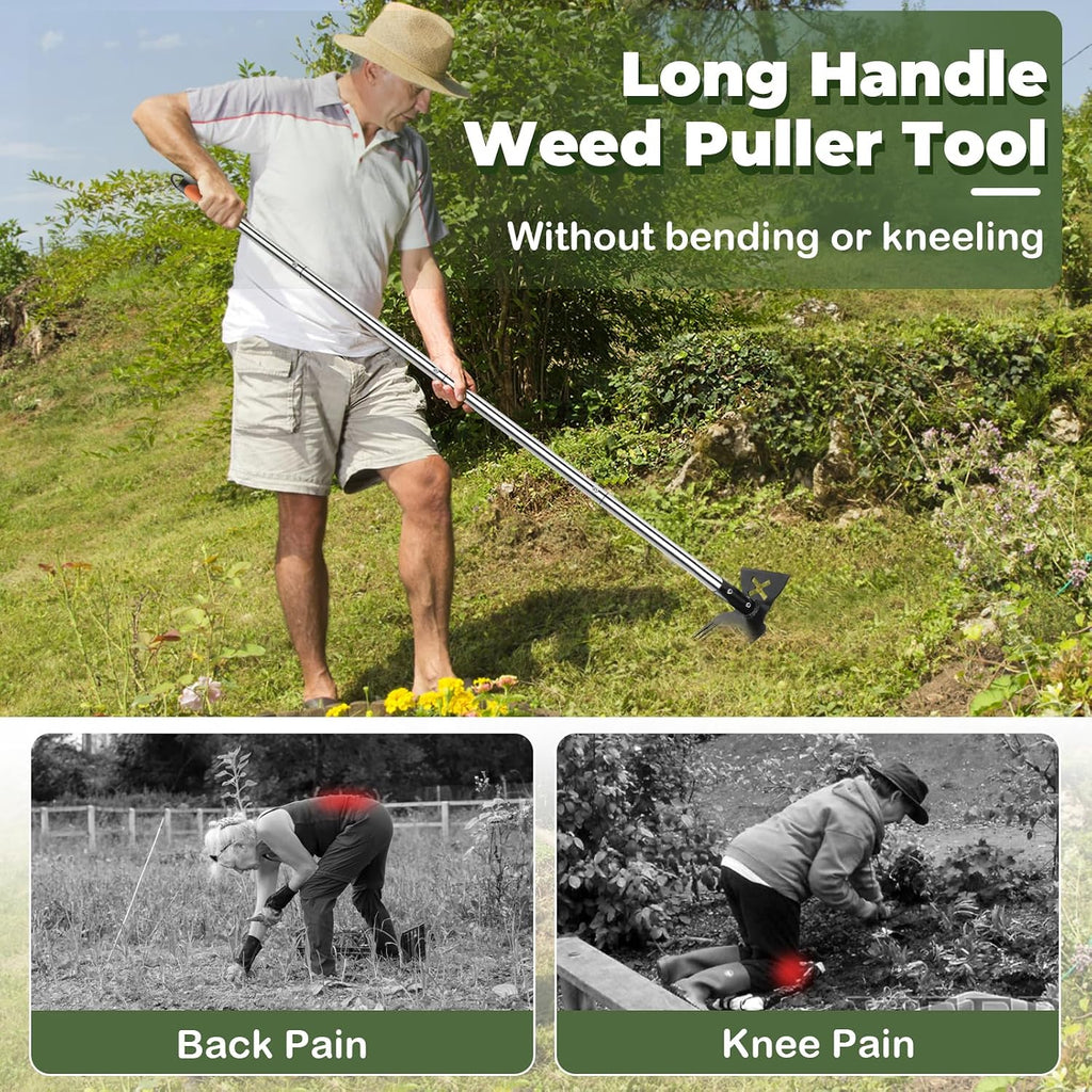 NICOFPHY Larger Weed Puller Tool with Long Handle for Garden, Yard and Lawn | 2 in 1 Gardening Weeding Rake and Garden