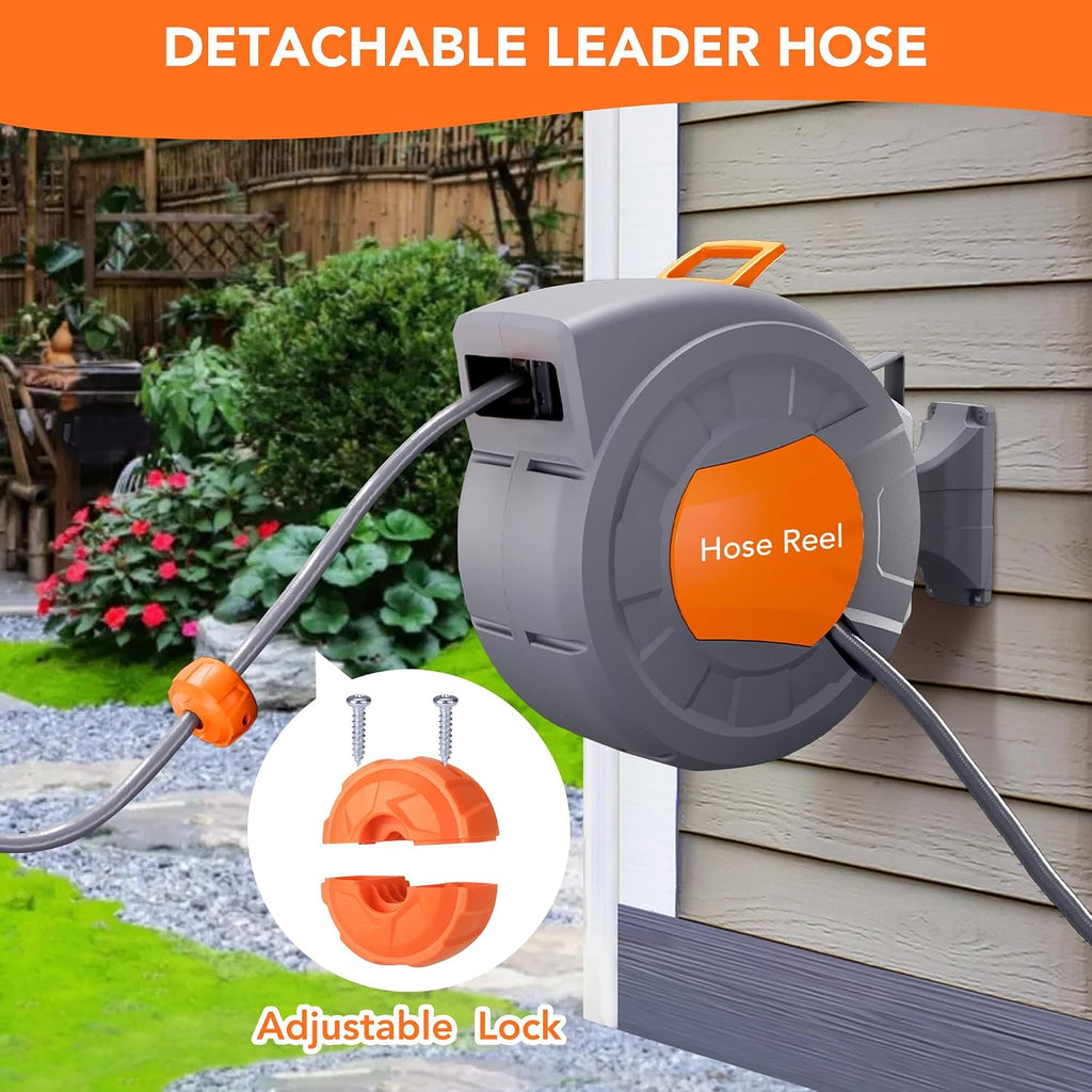 GAOMON Retractable Garden Hose Reel - 1/2 in x 72 ft, Wall Mounted, 9-Function Sprayer, Any Length Lock, 180° Swivel