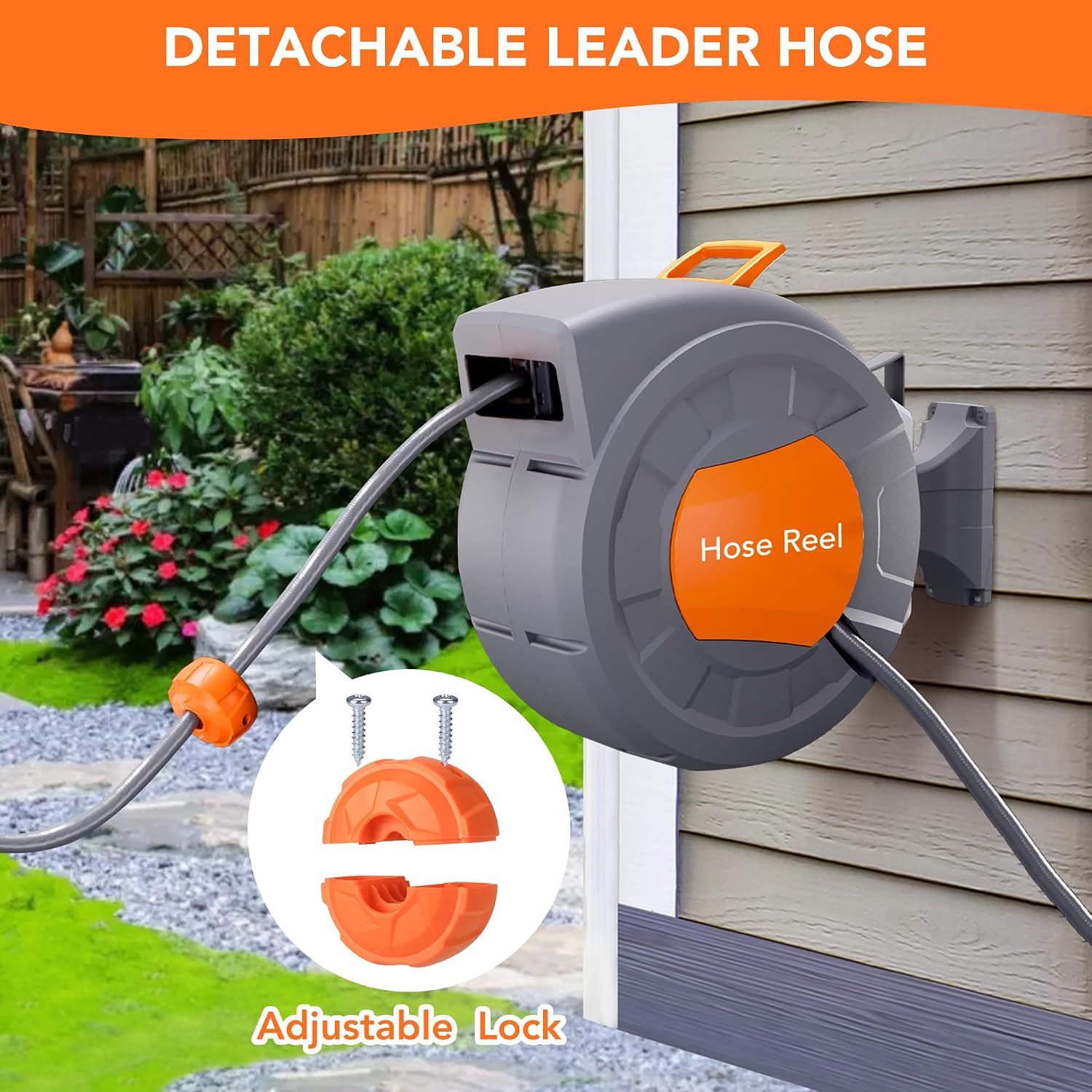 GAOMON Retractable Garden Hose Reel - 1/2 in x 72 ft, Wall Mounted, 9-Function Sprayer, Any Length Lock, 180° Swivel