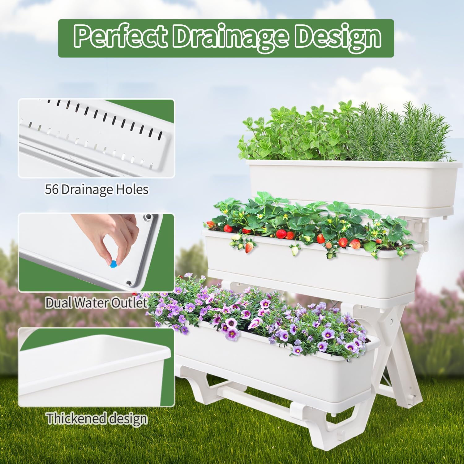 Planters for Outdoor Plants 3 Tiers Vertical Raised Garden Bed Freestanding Elevated Planter with Planter Tray for