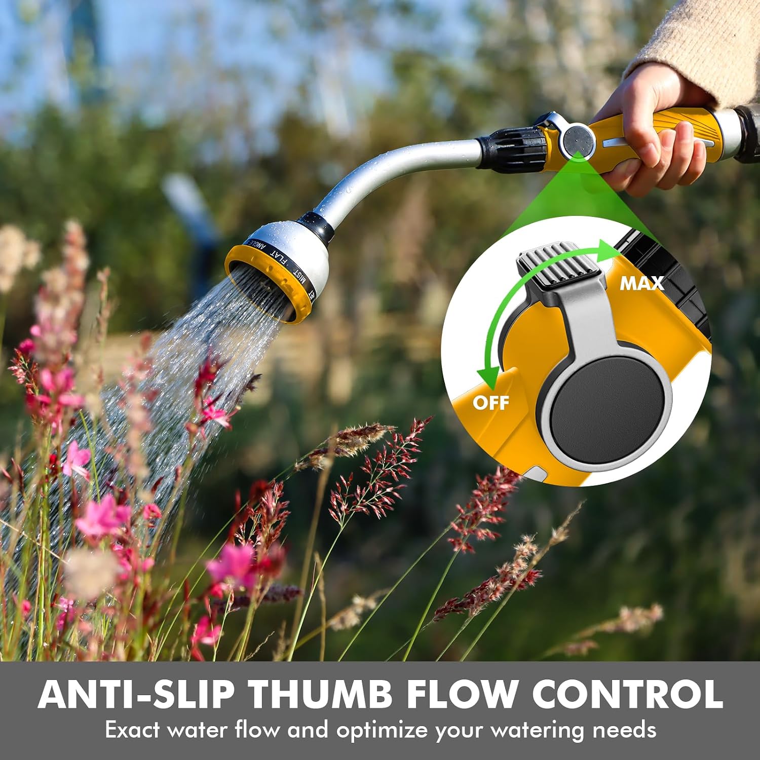 RESTMO Watering Wand Heavy Duty, 15-Inch Long Hose Nozzle Sprayer | 10 Spray Patterns & Thumb Flow Control, Metal