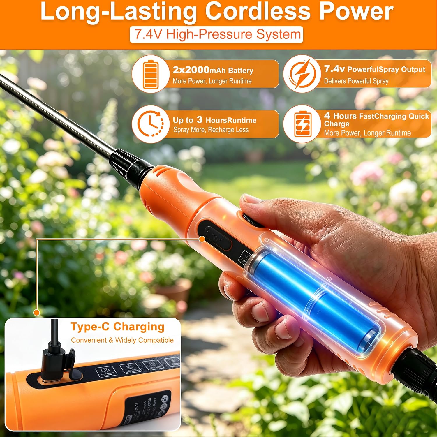 2 Gallon Battery Powered Backpack Sprayer - Rechargeable Electric Garden Sprayer, Comes with an Extra 10FT Hose, 2