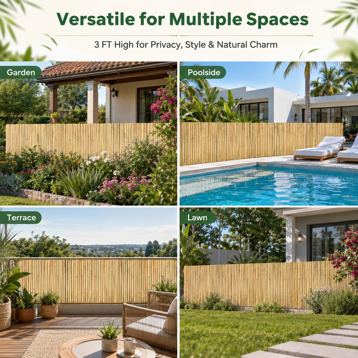 3 x 6FT 0.9-1.1in Large Diameter Bamboo Fence Panel for Garden, Patio, Pool, Balcony & Indoor Divider