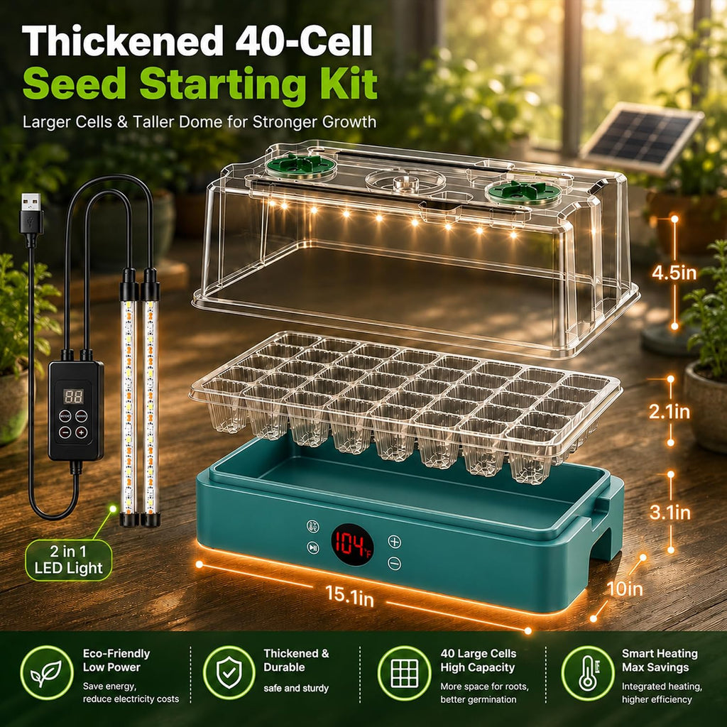 40-Cell Heated Seed Starter Kit with Grow Light & Humidity Dome | 1-24H Timer LED Light, Integrated Heat, Independent