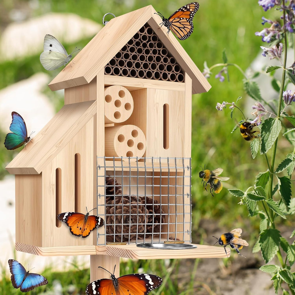 Wooden Insect Hotel Bee Ladybugs Butterfly House Large Natural Mason Bee Lady Bug Hotel with Stake and Feeder for