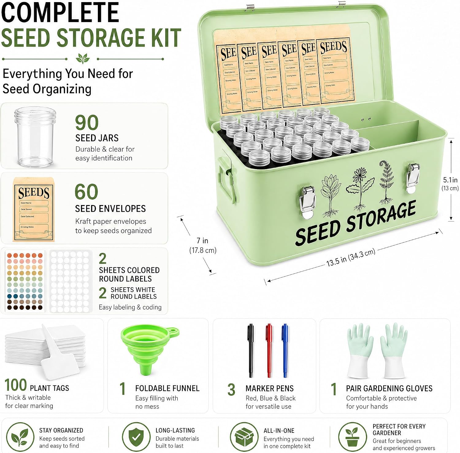 Seed Storage Box – Metal Seed Packet Organizer with Garden String and Bamboo Plant Labels. Seed Container Storage