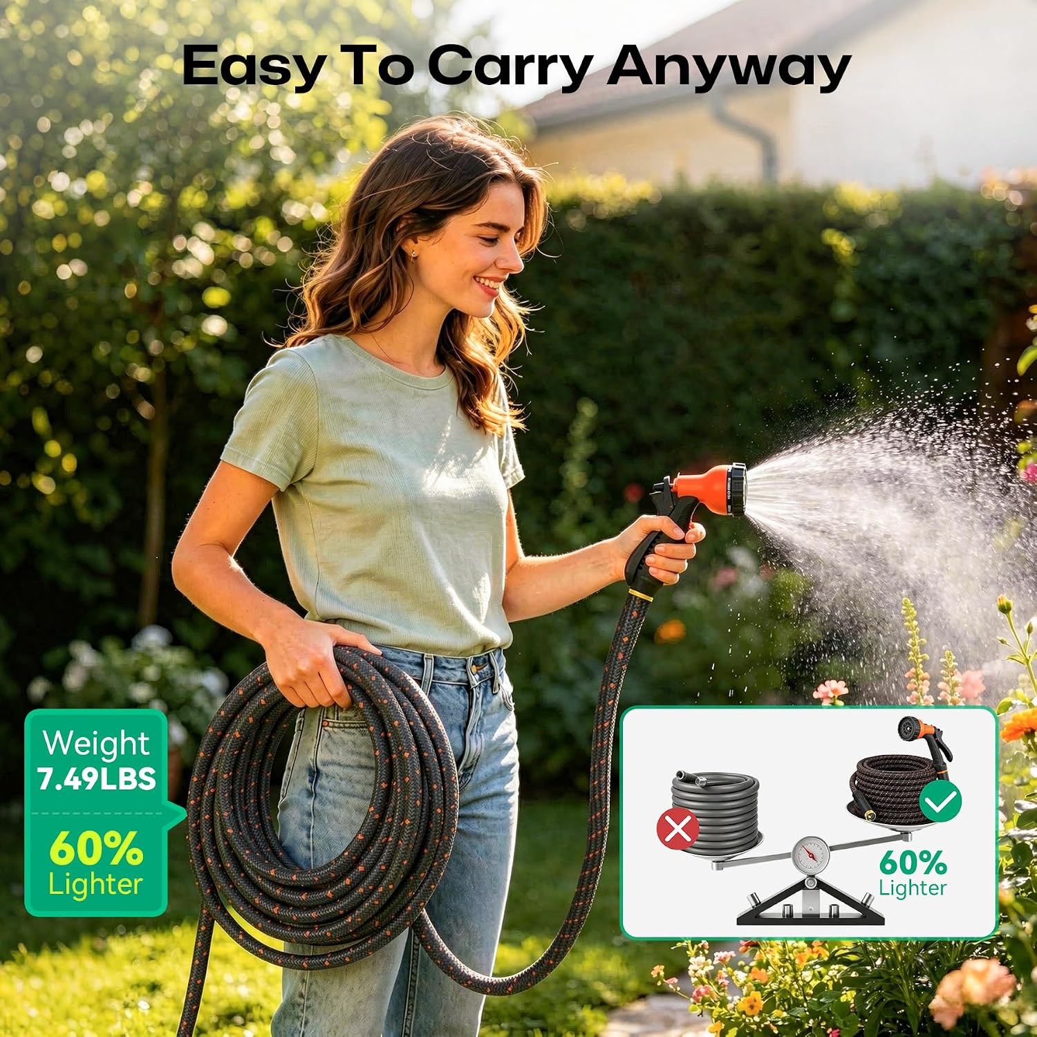 Garden Hose 100ft NON-EXPANDABLE Water Hose, 3-Layer Lightweight Nylon Braided Hose for Yard, Car Wash & Pet Shower