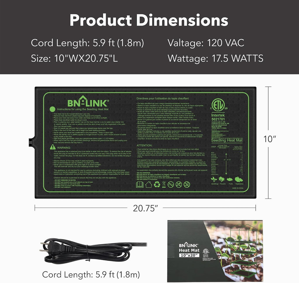 BN-LINK Seedling Heat Mat for Seed Starting 10" x 20.75", 4 Pack Daisy Chainable Waterproof Warming Mat Plant Heating