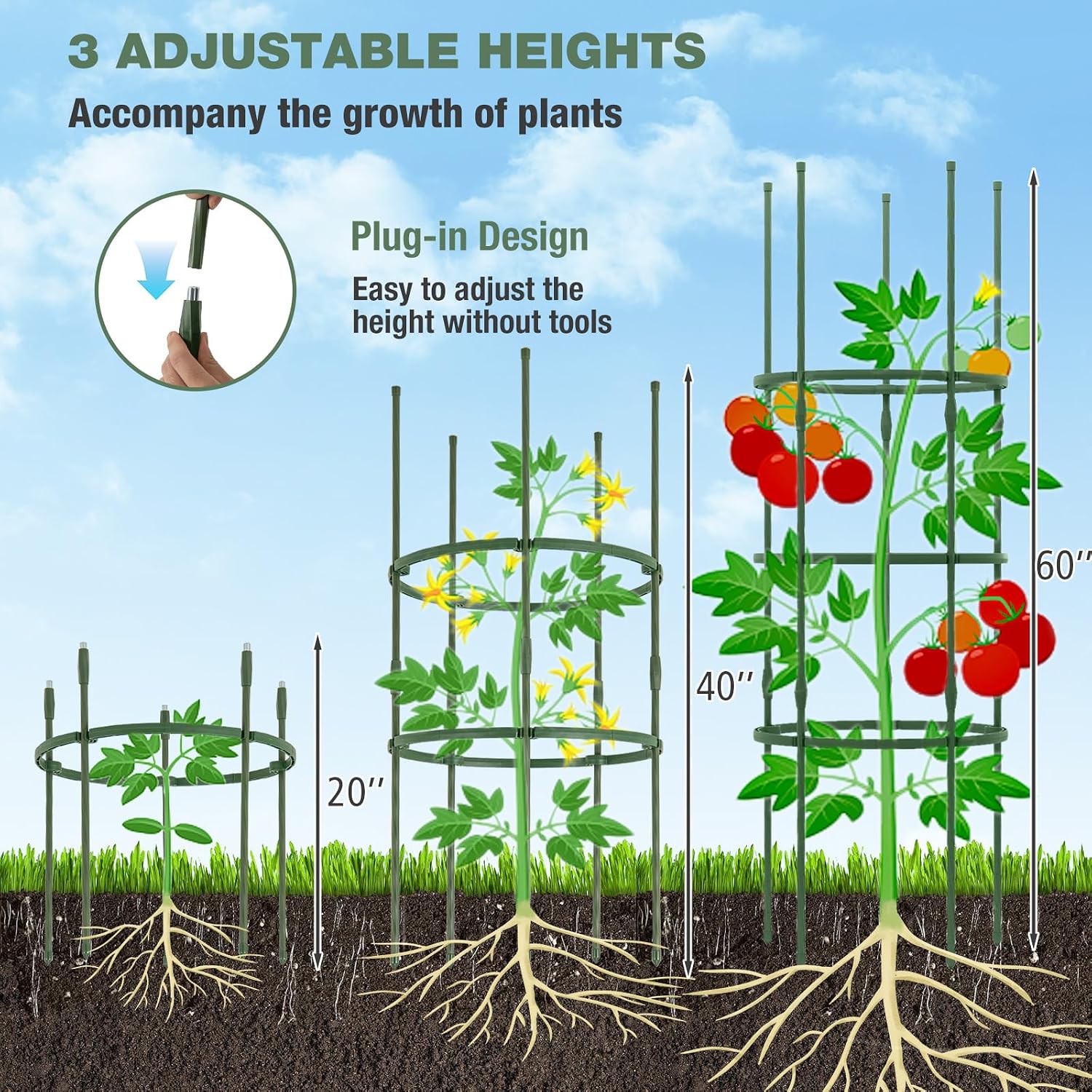 Happygrill 3 Pack Plant Cages and Supports, 60 inch Tall Adjustable Tomato Cage w/Clips & Ties, Heavy-Duty Garden