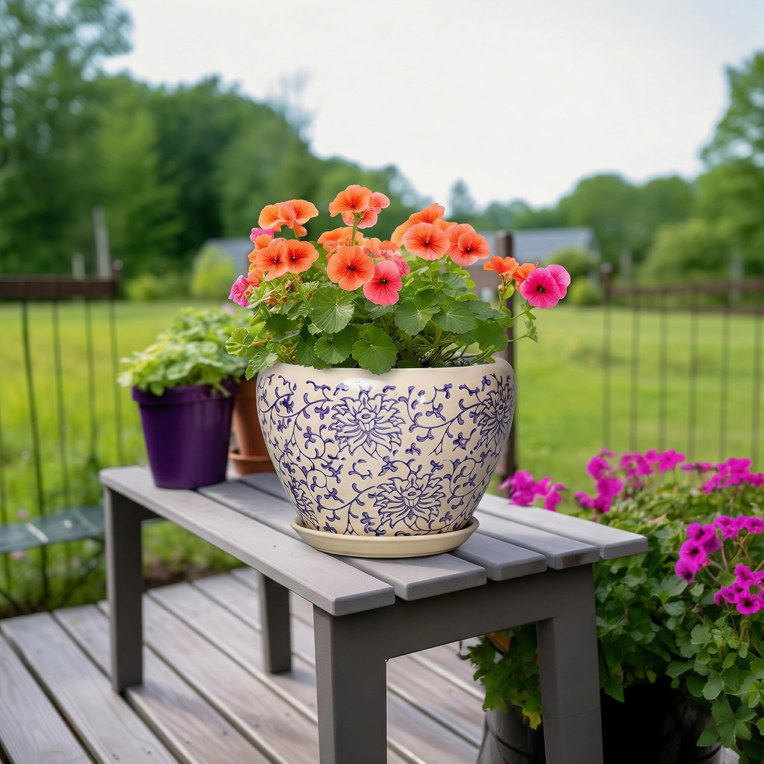 Ceramic Pots for Plants - 8 Inch Plant Pot with Drainage Hole and Saucer, Modern Flower Pots for Indoor Outdoor Plants