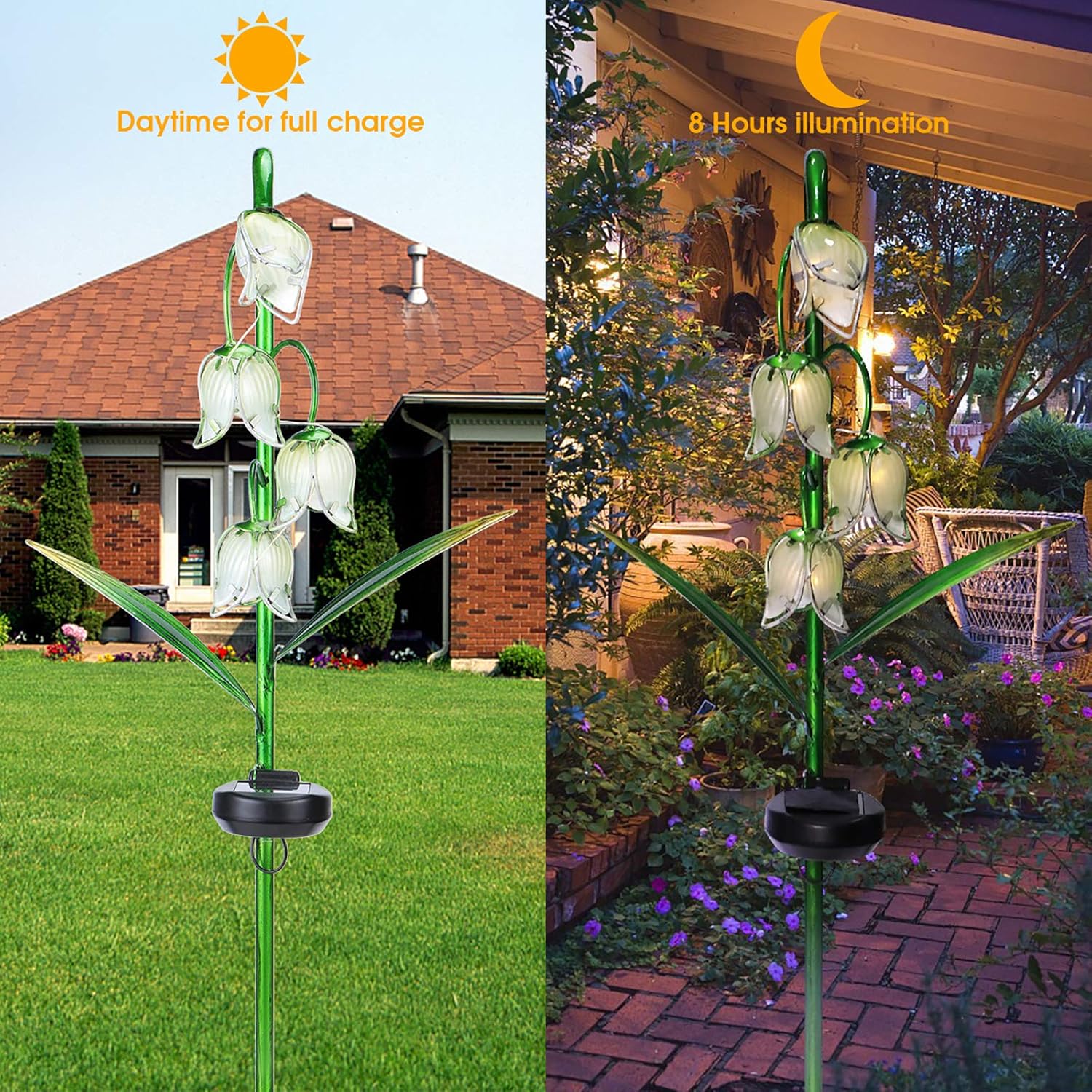 VCUTEKA Outdoor Solar Garden Light, Lily of the Valley Glass Flower Decor | Warm White Solar Stake Light, IP44