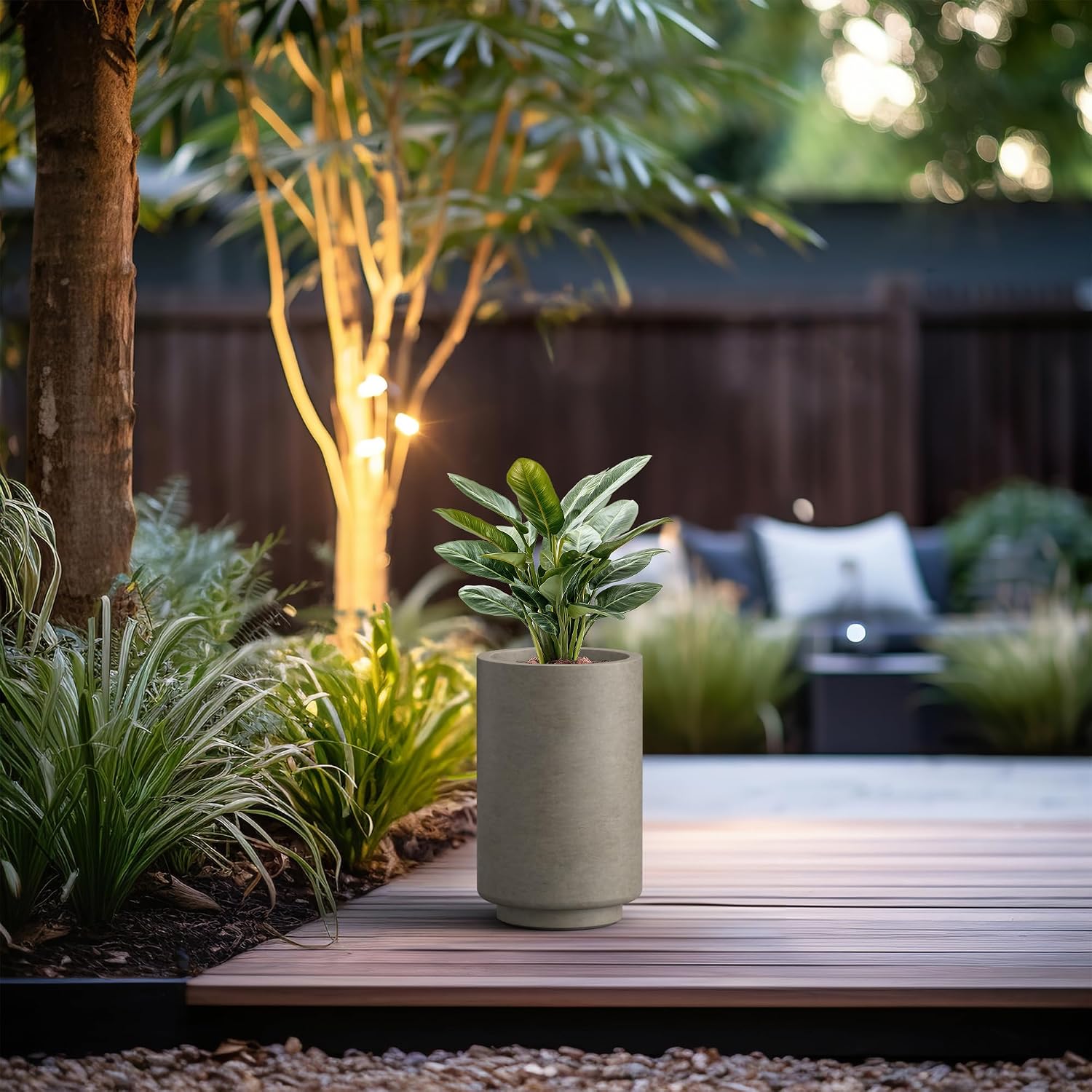 Kante Small Round Tapered Weathered Concrete Planter 15.7" Tall, Outdoor | Rubber Plug for Indoor, Drainage for Garden