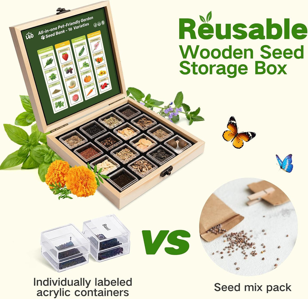 Lush&Dew Pet-Friendly Heirloom Seed Bank, Gardening Gifts for Women Men | 16 Varieties 15,000+ Non-GMO Seeds for