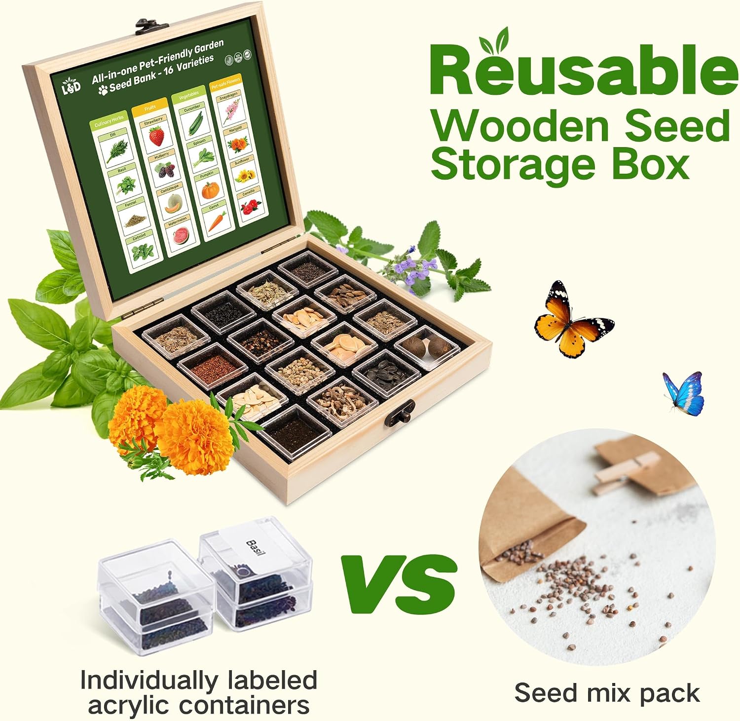 Lush&Dew Pet-Friendly Heirloom Seed Bank, Gardening Gifts for Women Men | 16 Varieties 15,000+ Non-GMO Seeds for