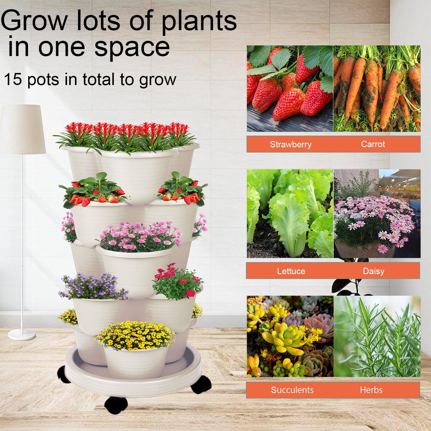 5-Tier Vertical Garden Tower Stackable Planter for Strawberries, Flowers, Vegetables & Herbs Beige