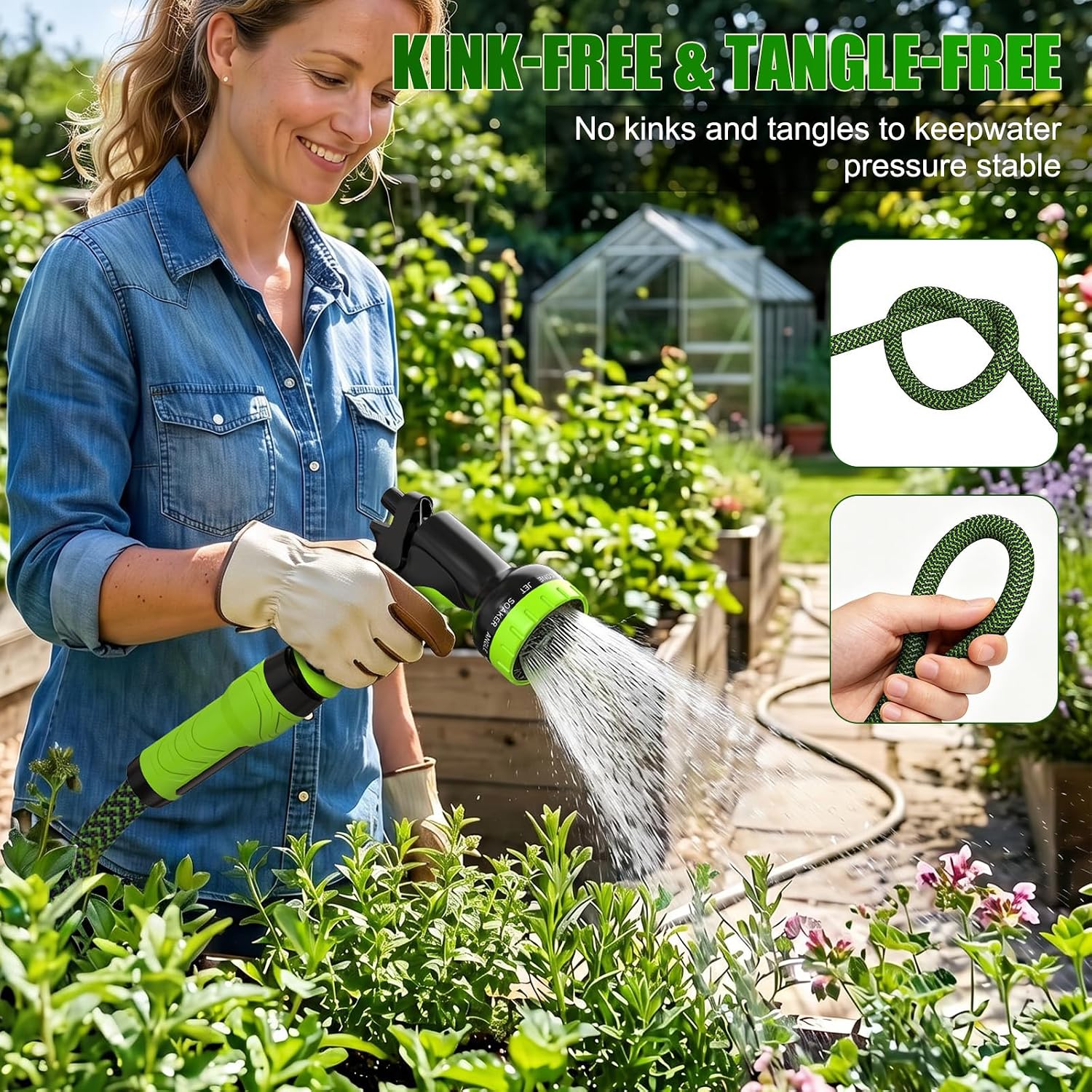 NON-EXPANDABLE Garden Hose 25ft x5/8'', Heavy Duty Flexible Water Hose with 10-Function Sprayer, Lightweight, Leak