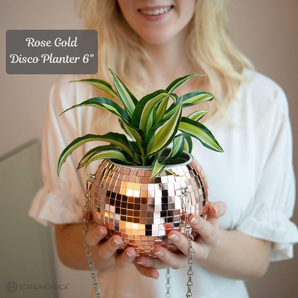 Disco Ball Planter – Value Package: Mirror Disco Planter with Chain, Macrame Hanger and Acrylic Stand for Desk
