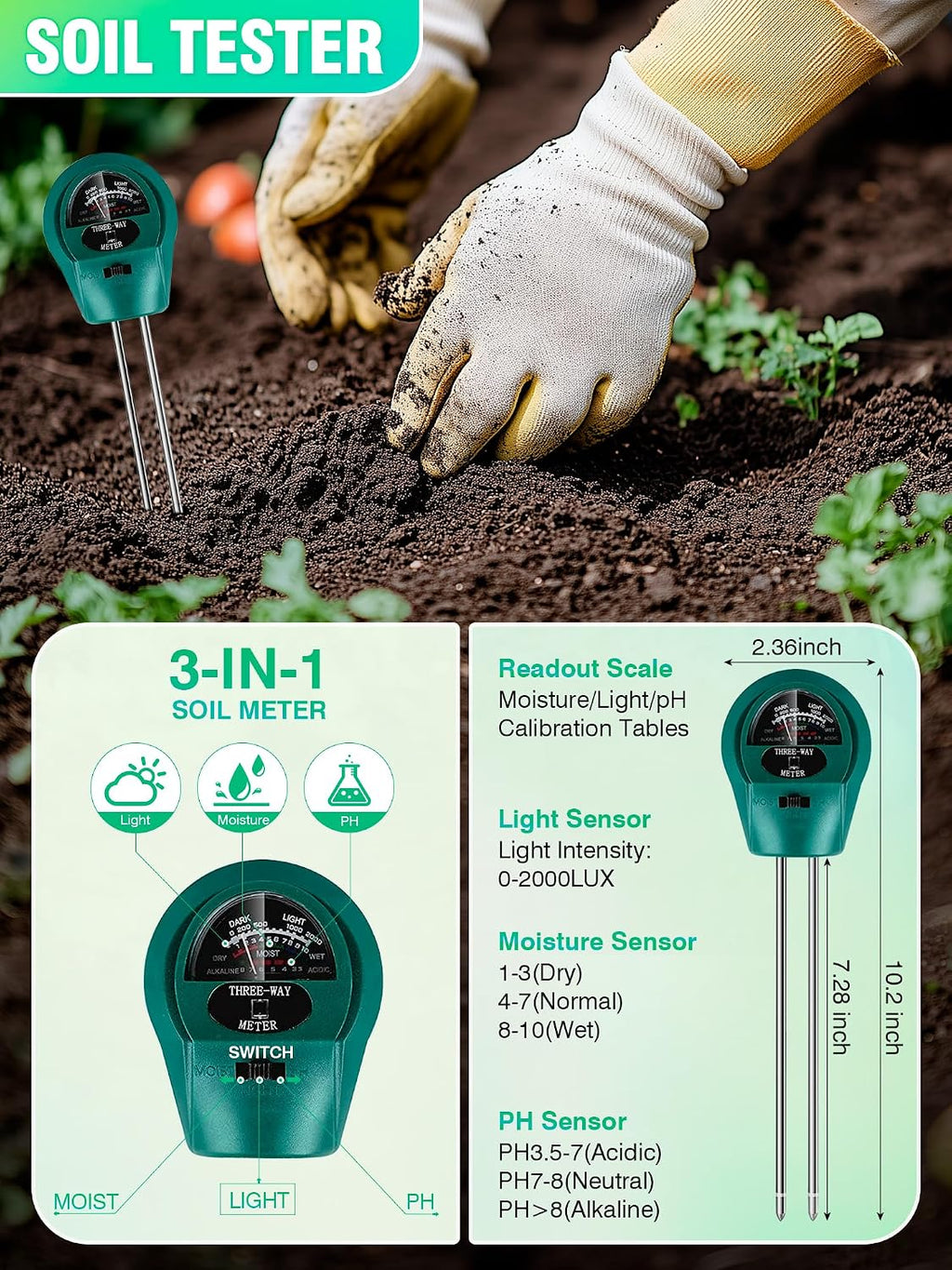 Seed Starter Tray with Grow Lights and Heat Mat, 3-in-1 Soil Meter, 80-Cell Seed Growing Tray, Germination & Plant