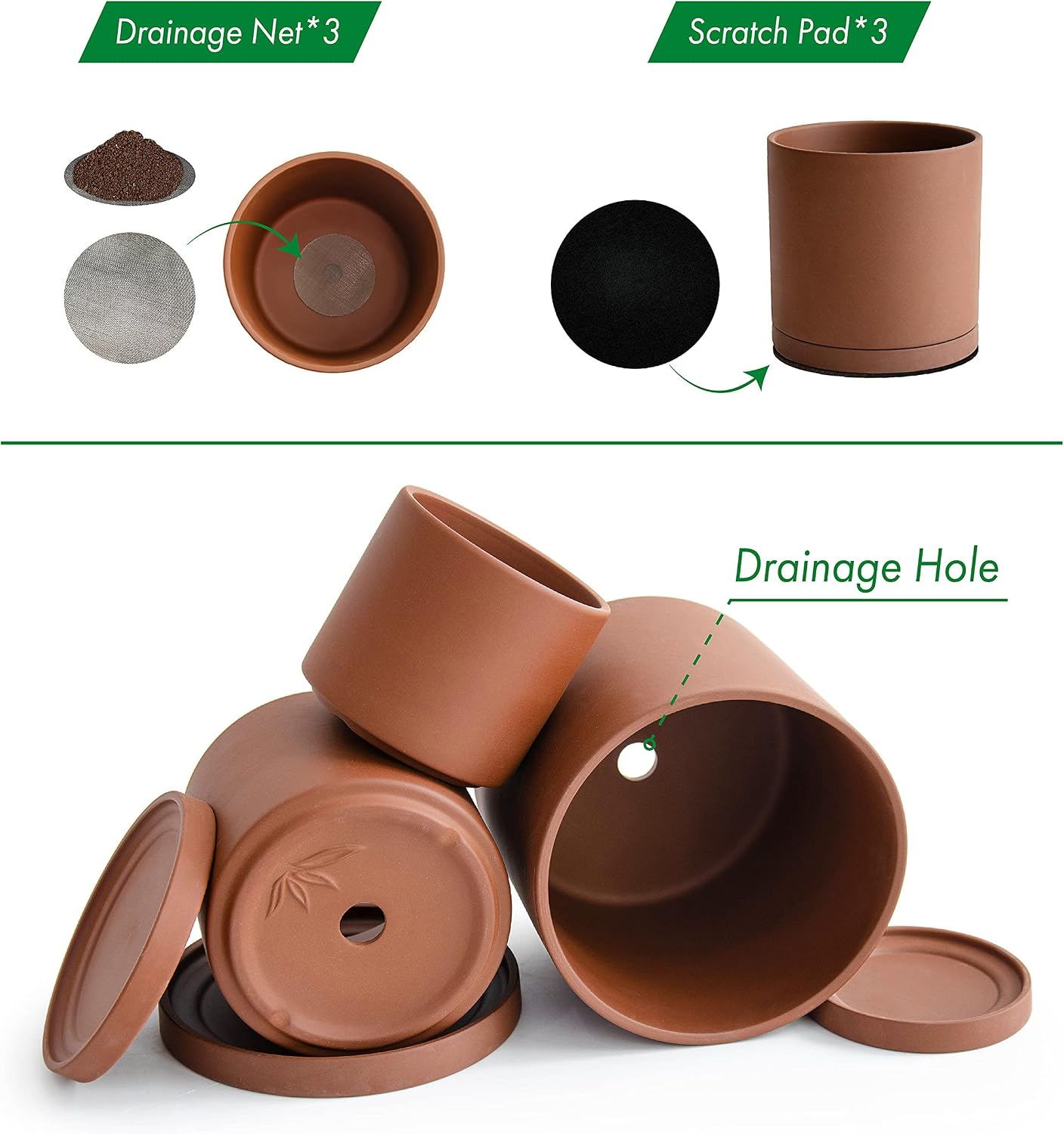D'vine Dev 3-Pack Rust Terracotta Pots & Saucers, 4/5/6 in, 40-T-A-3 | Cylinder Shape, Timeless Style, Unglazed