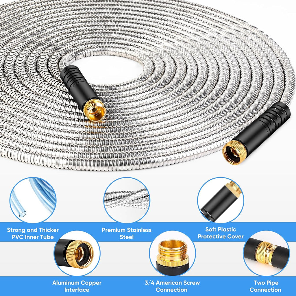 Garden Hose 50 FT, Metal Stainless Steel Water Hose with 10 Function Nozzle | No Kinks, Flexible Hose, Lightweight